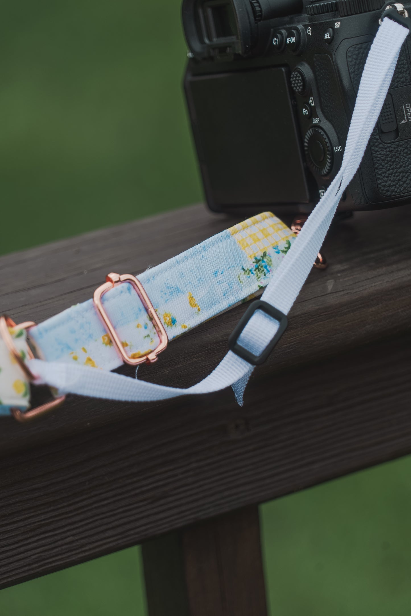 Yellow Patchwork Adjustable Sliding Camera Strap with Dual Clasp | Single Camera Harness | Screw In Attachment