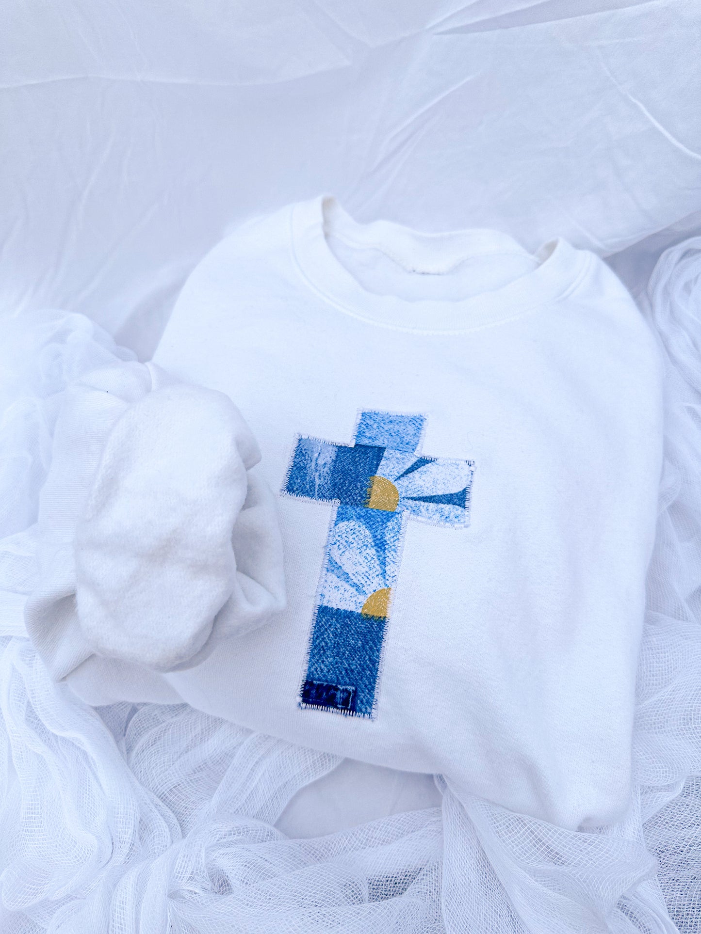 Denim Dreams Embroidered Cross Sweatshirt