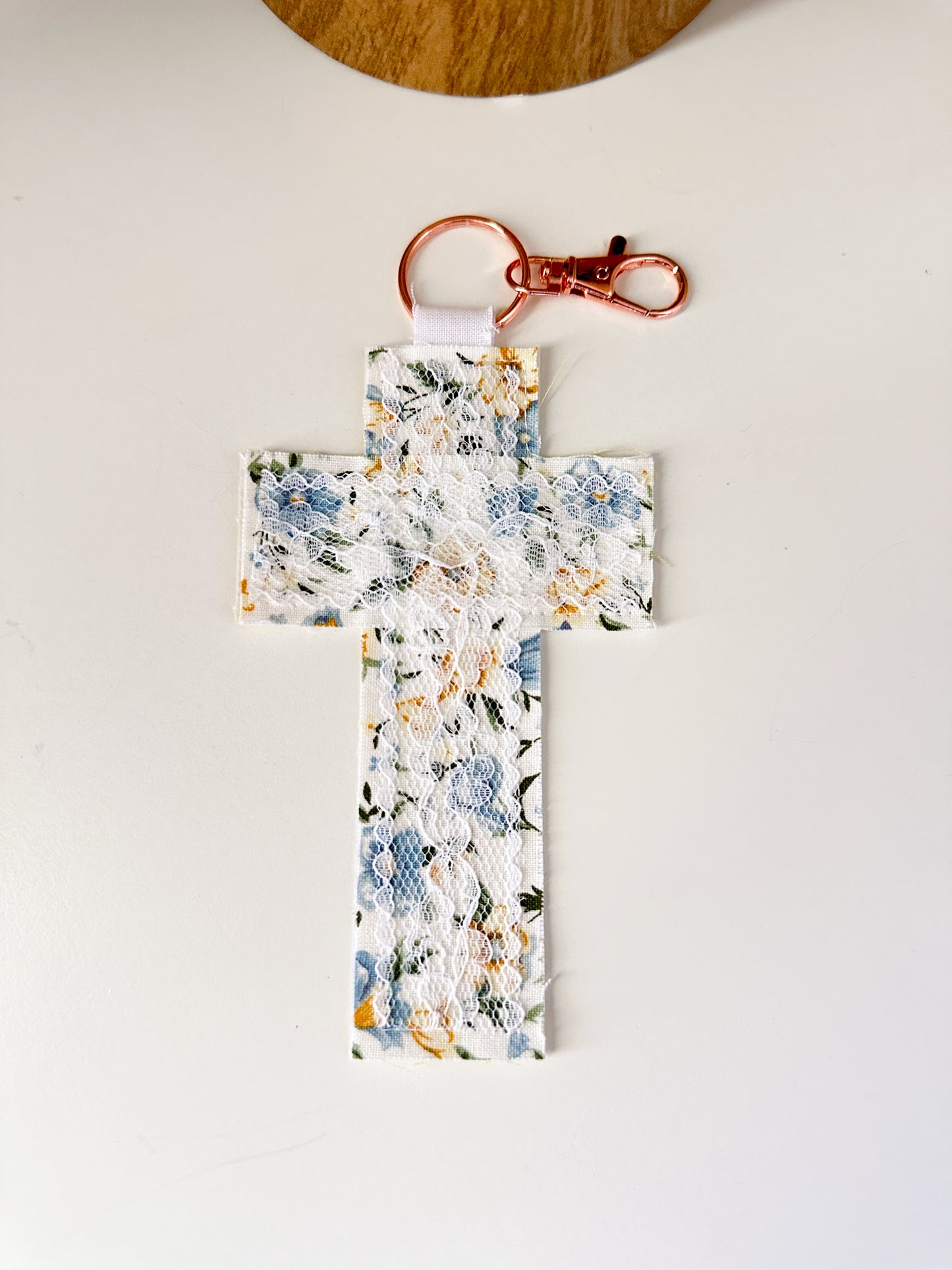 Cross Fabric Lace Bag Charm Keychain | Rose Gold Clasp