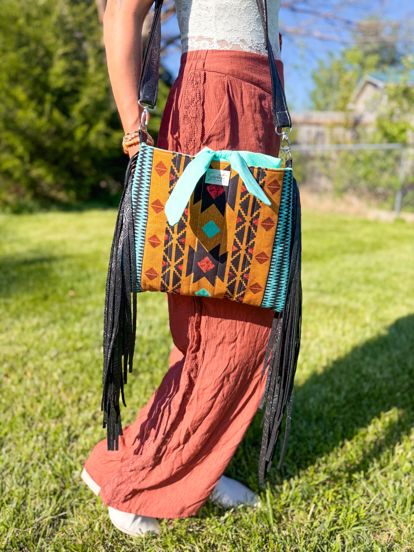 The Savannah Church Bag | Western Aztec Print Fringe Crossbody | Faux Leather