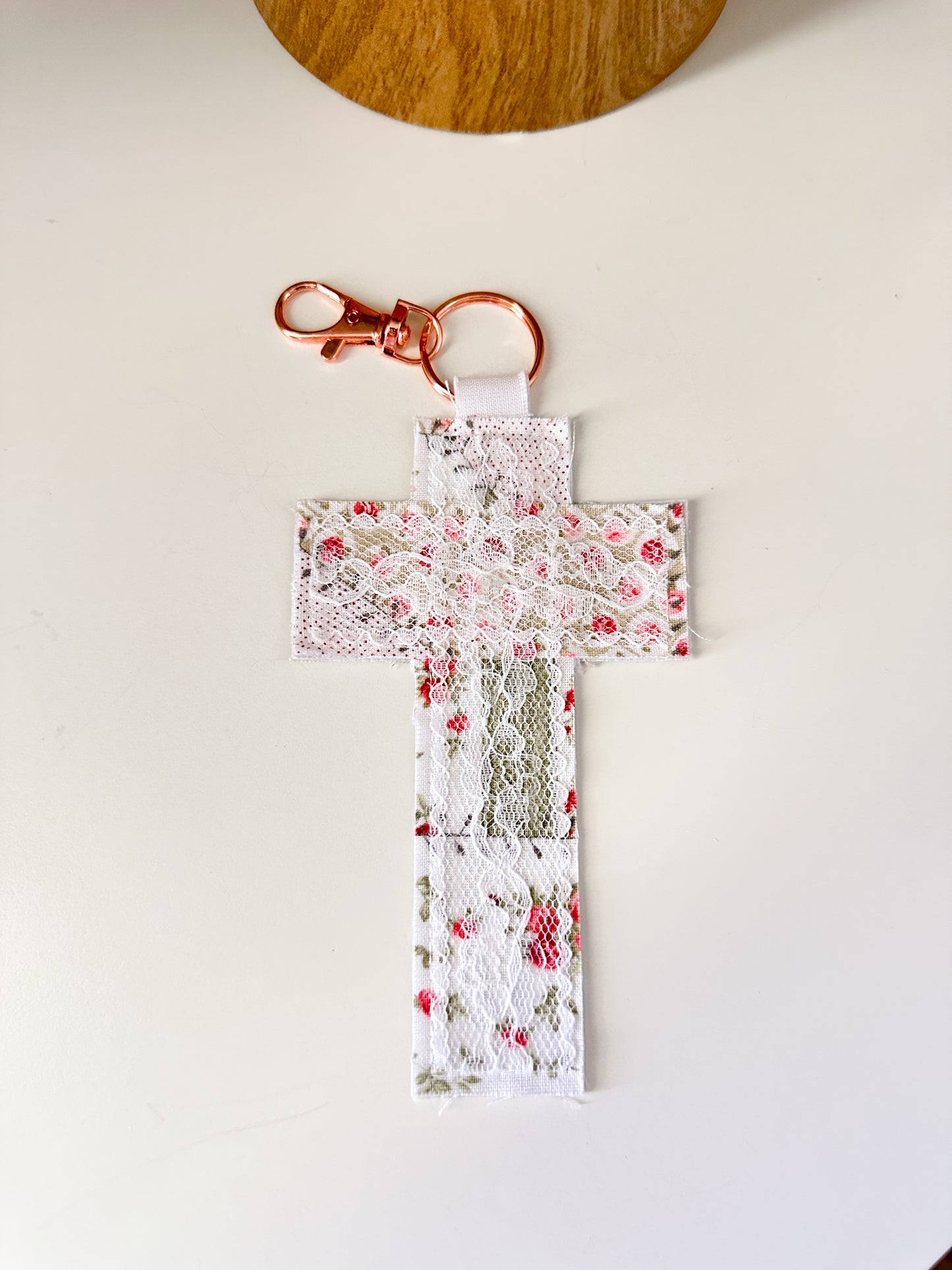 Cross Fabric Lace Bag Charm Keychain | Rose Gold Clasp