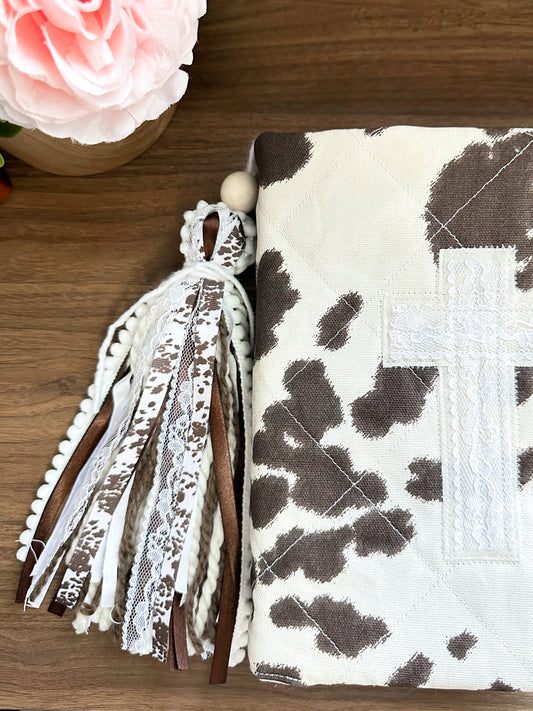 The Dianna Cow Print Western Bible Tassel Bookmark | Fluffy Yarn, Lace, Pearls, Brown Accents