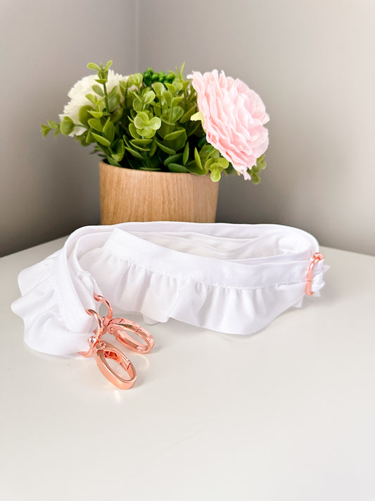White Ruffle Adjustable Crossbody Purse Strap | Rose Gold Clasp