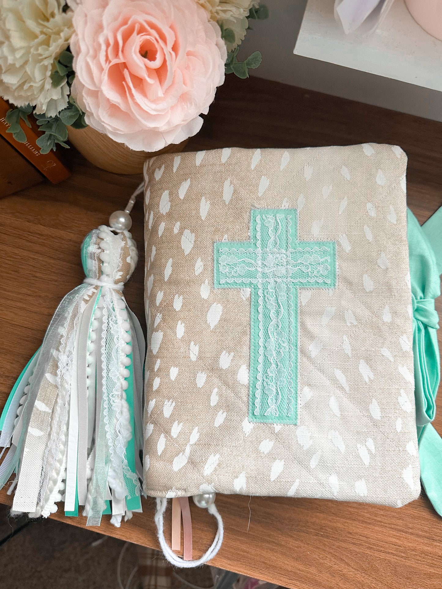 The Shianne Axis Print Western Bible Tassel Bookmark | Fluffy Yarn, Lace, Pearls, Turquoise Accents