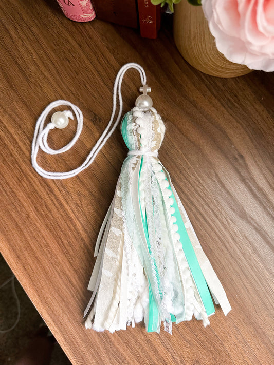 The Shianne Axis Print Western Bible Tassel Bookmark | Fluffy Yarn, Lace, Pearls, Turquoise Accents