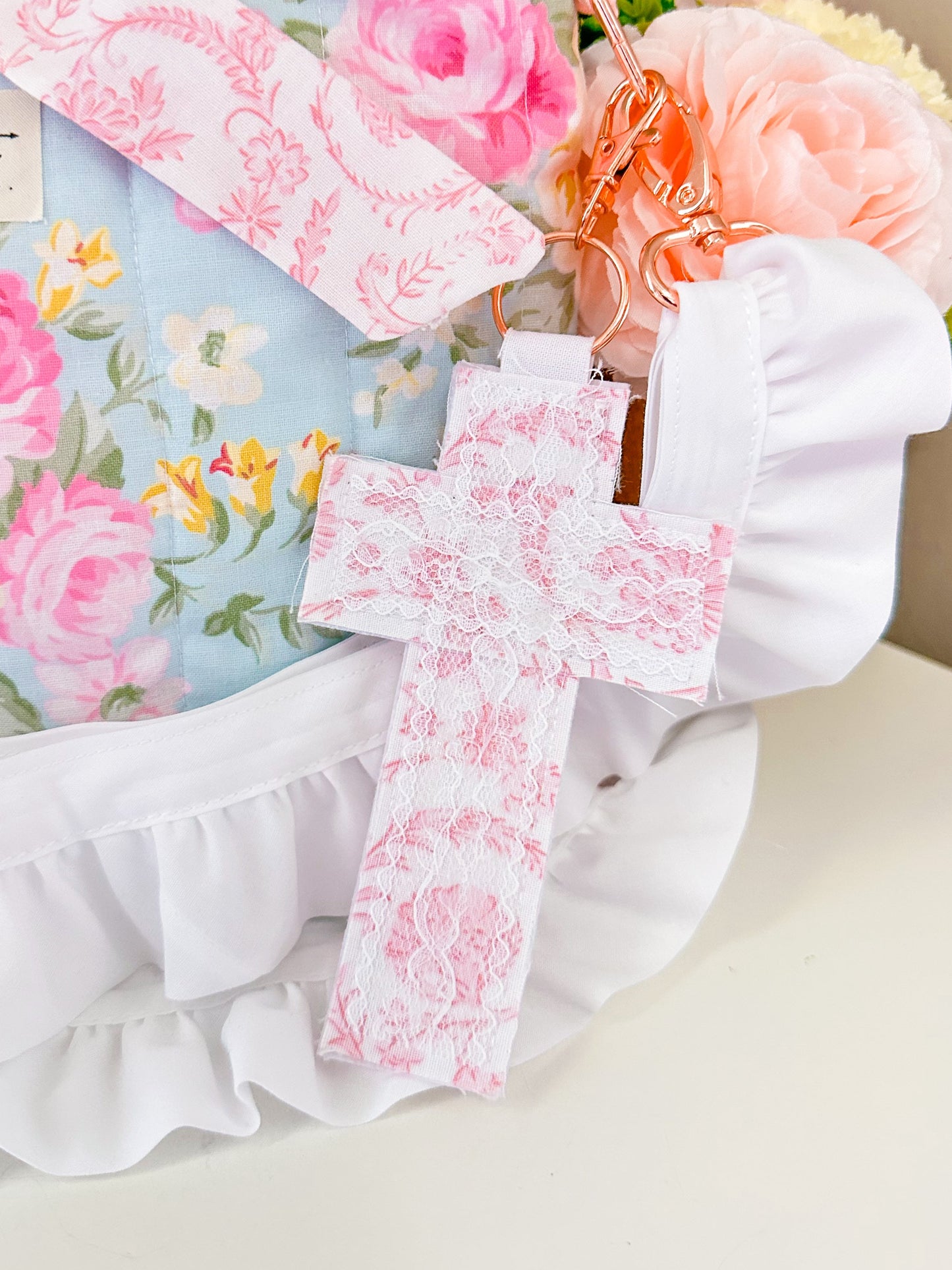 Cross Fabric Lace Bag Charm Keychain | Rose Gold Clasp