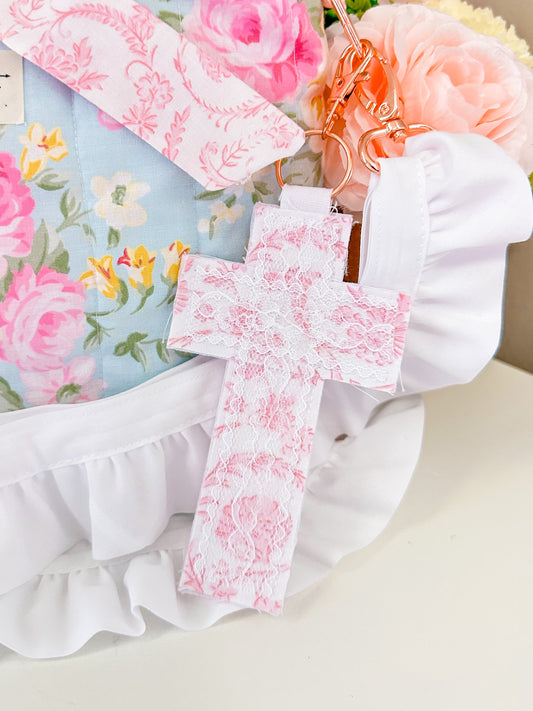 Cross Fabric Lace Bag Charm Keychain | Rose Gold Clasp