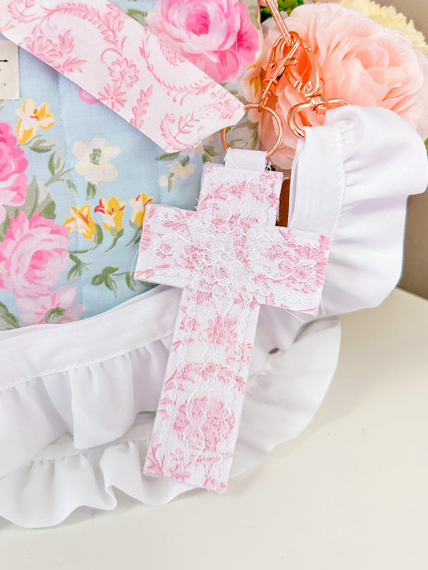 Cross Fabric Lace Bag Charm Keychain | Rose Gold Clasp