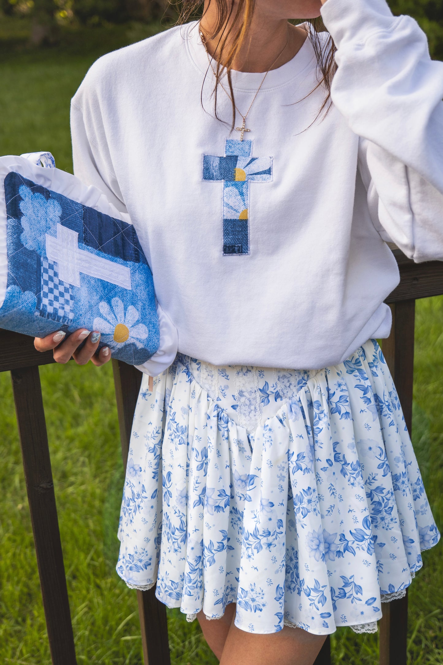 Denim Dreams Embroidered Cross Sweatshirt