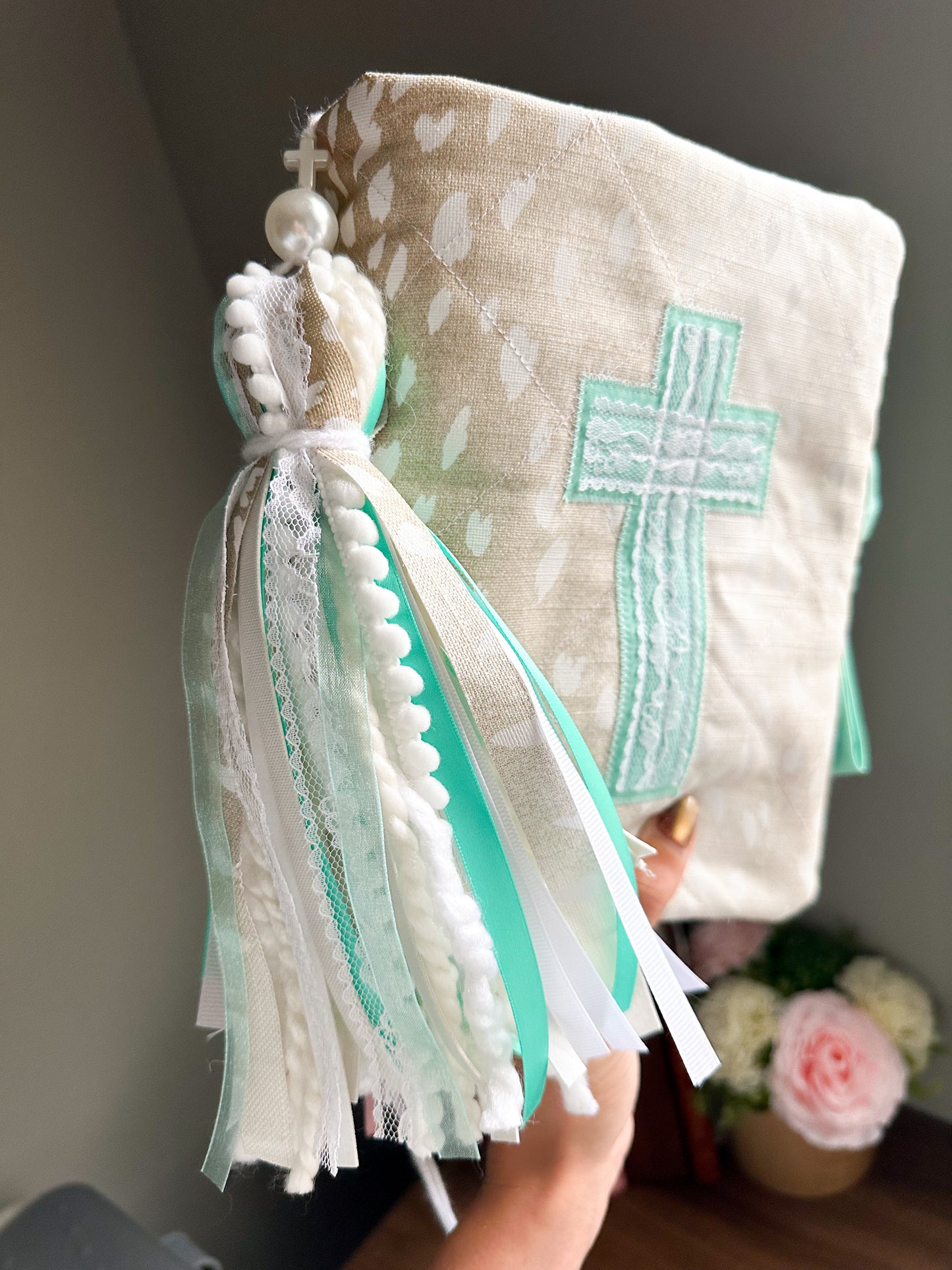 The Shianne Axis Print Western Bible Tassel Bookmark | Fluffy Yarn, Lace, Pearls, Turquoise Accents