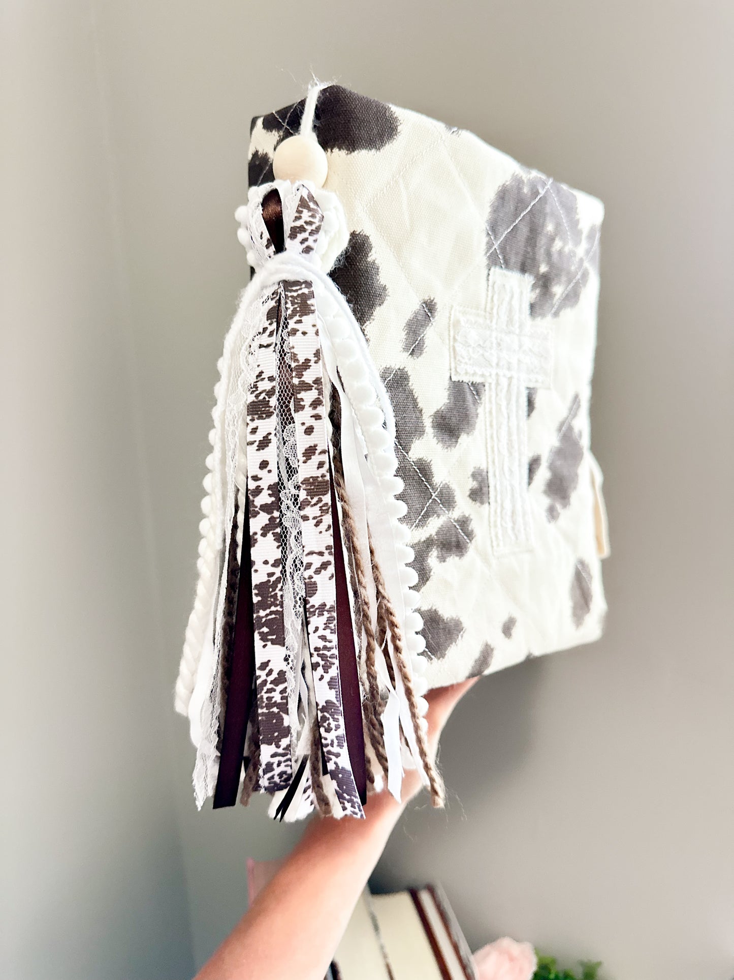 The Dianna Cow Print Western Bible Tassel Bookmark | Fluffy Yarn, Lace, Pearls, Brown Accents