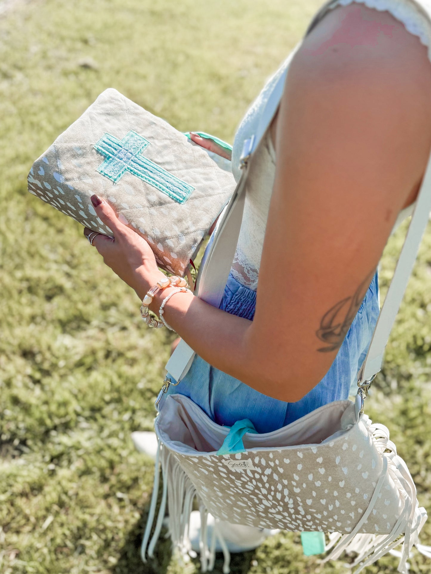 The Shianne Bible Cover & Church Bag Duo | Axis Print & Turquoise | Faux Leather Accents