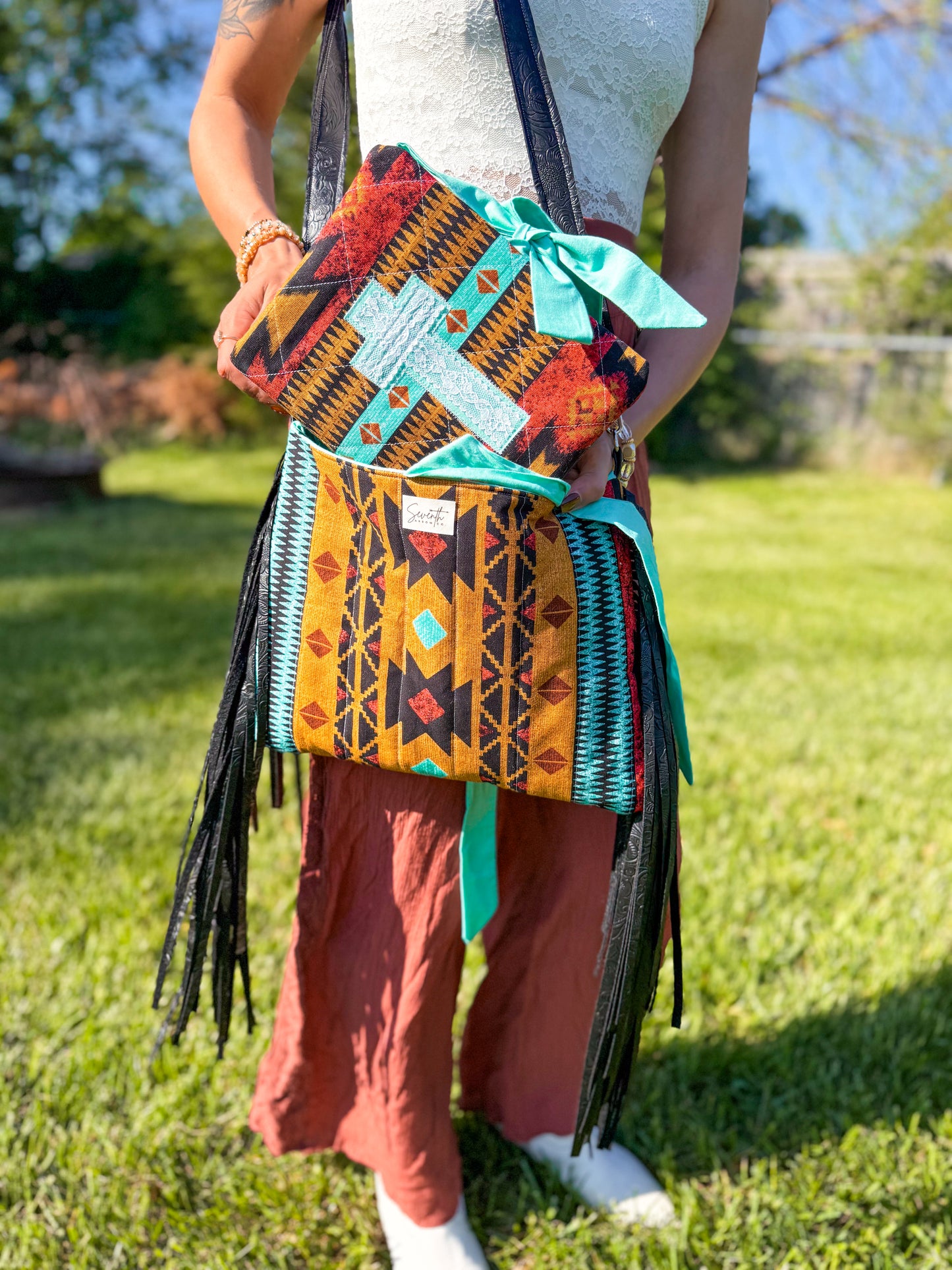 The Savannah Bible Cover & Church Bag Duo | Aztec Print & Turquoise | Faux Leather Accents