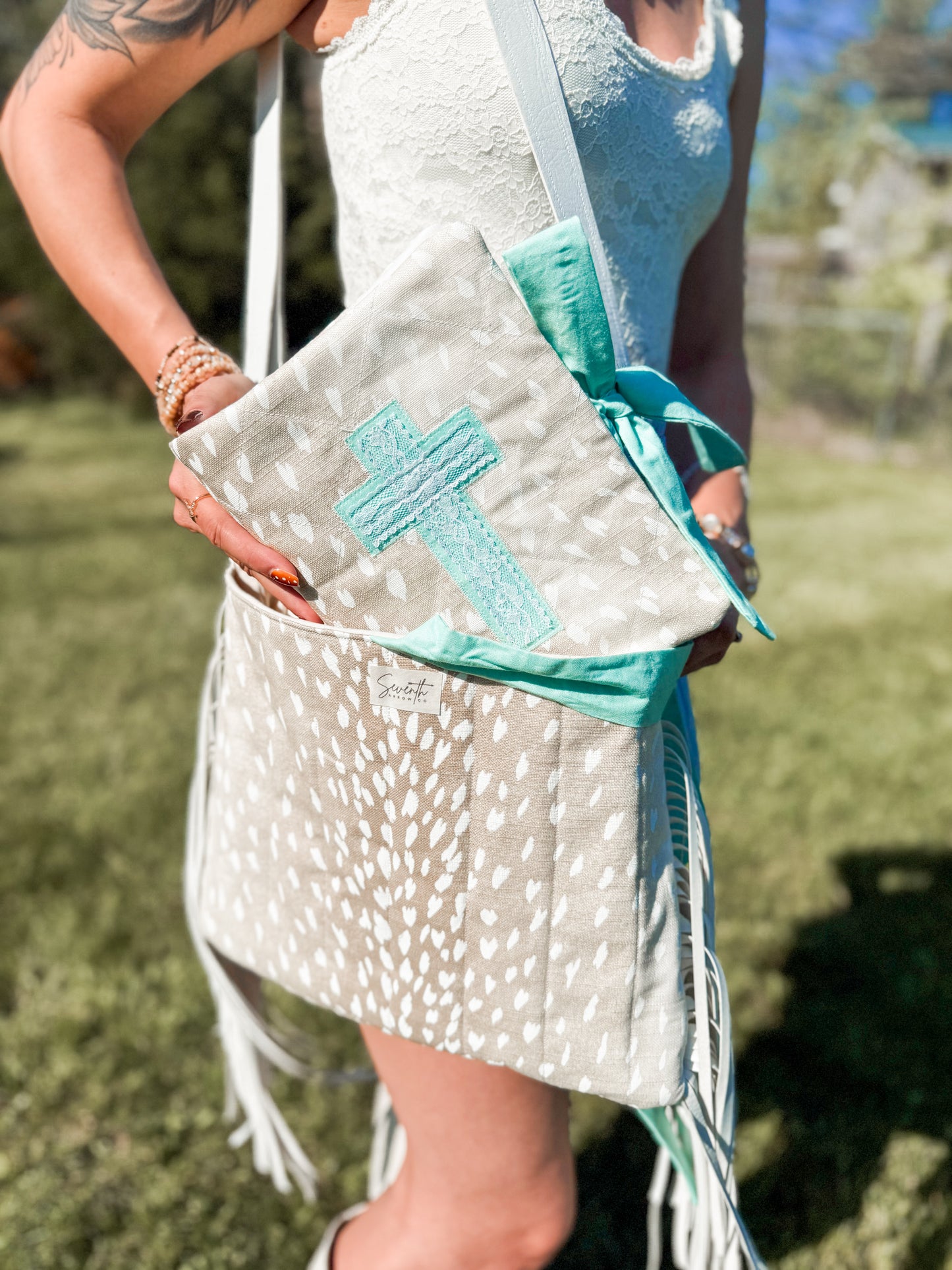 The Shianne Bible Cover & Church Bag Duo | Axis Print & Turquoise | Faux Leather Accents