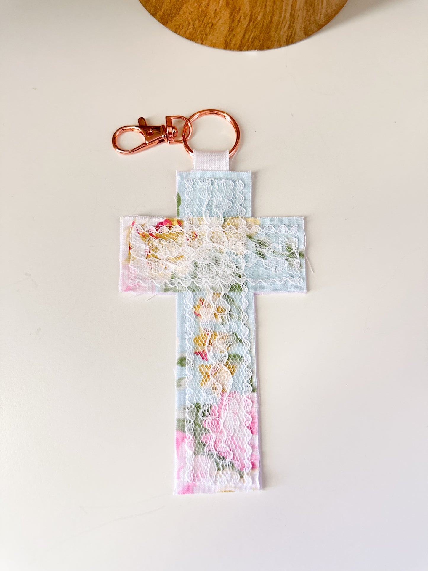 Cross Fabric Lace Bag Charm Keychain | Rose Gold Clasp