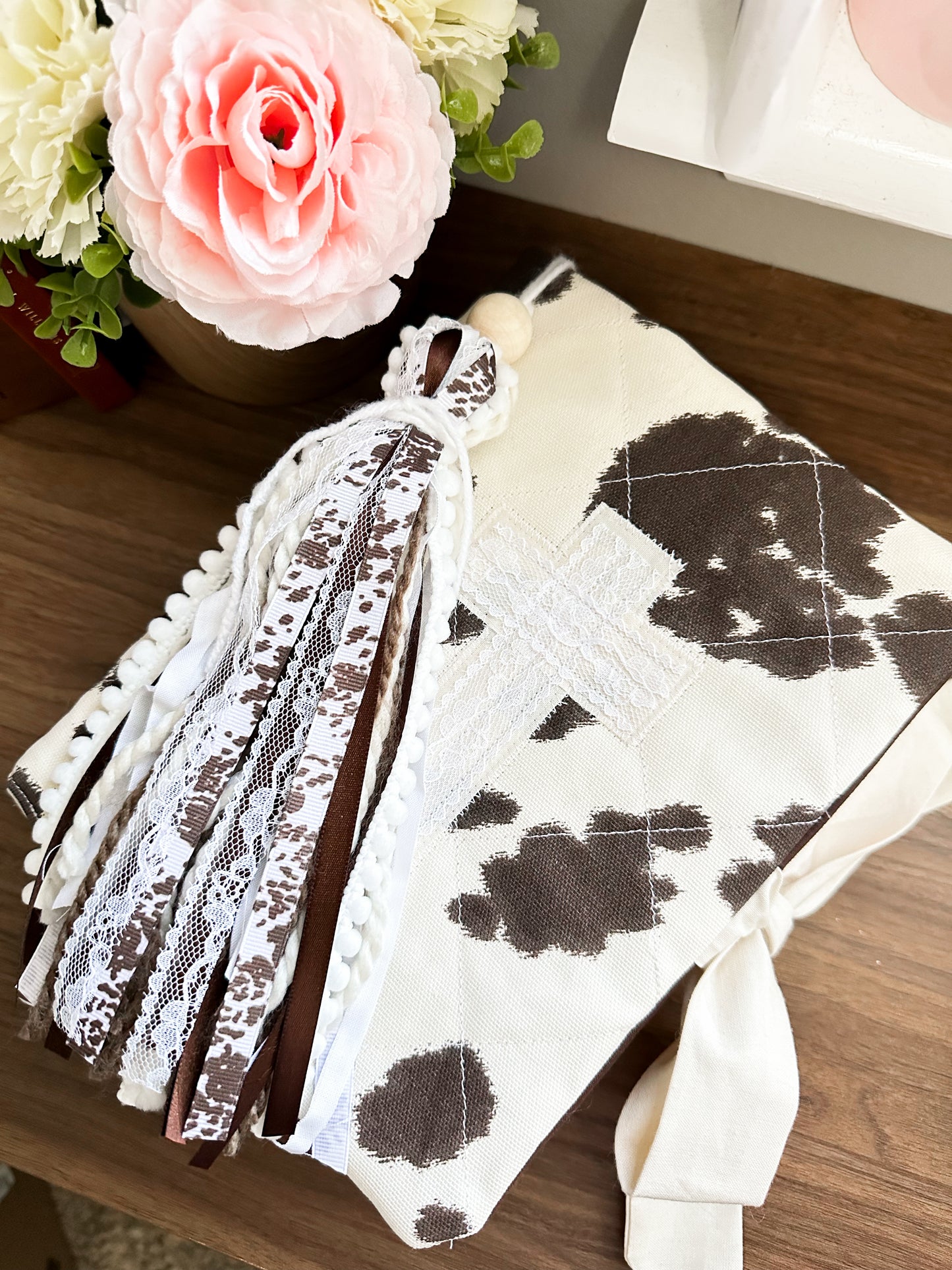 The Dianna Cow Print Western Bible Tassel Bookmark | Fluffy Yarn, Lace, Pearls, Brown Accents
