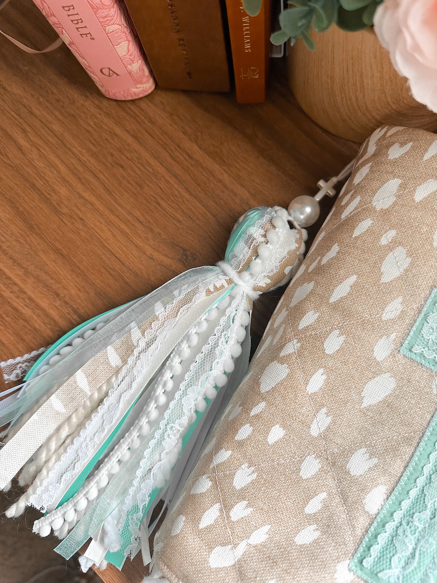 The Shianne Axis Print Western Bible Tassel Bookmark | Fluffy Yarn, Lace, Pearls, Turquoise Accents