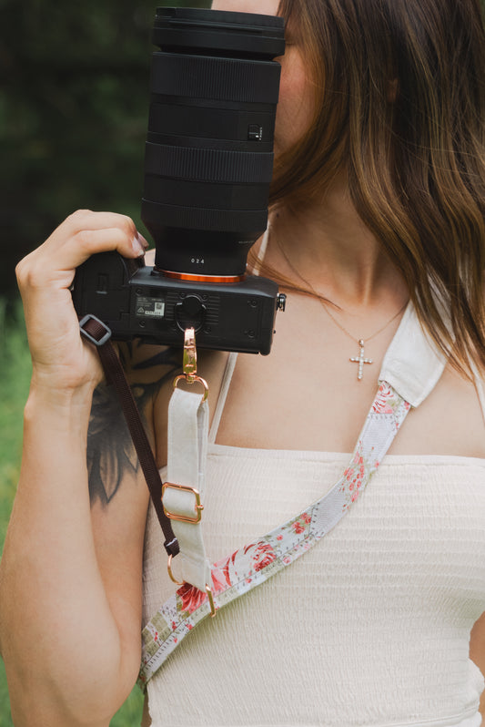 Rose Patchwork Adjustable Sliding Camera Strap with Dual Clasp | Single Camera Harness | Screw In Attachment