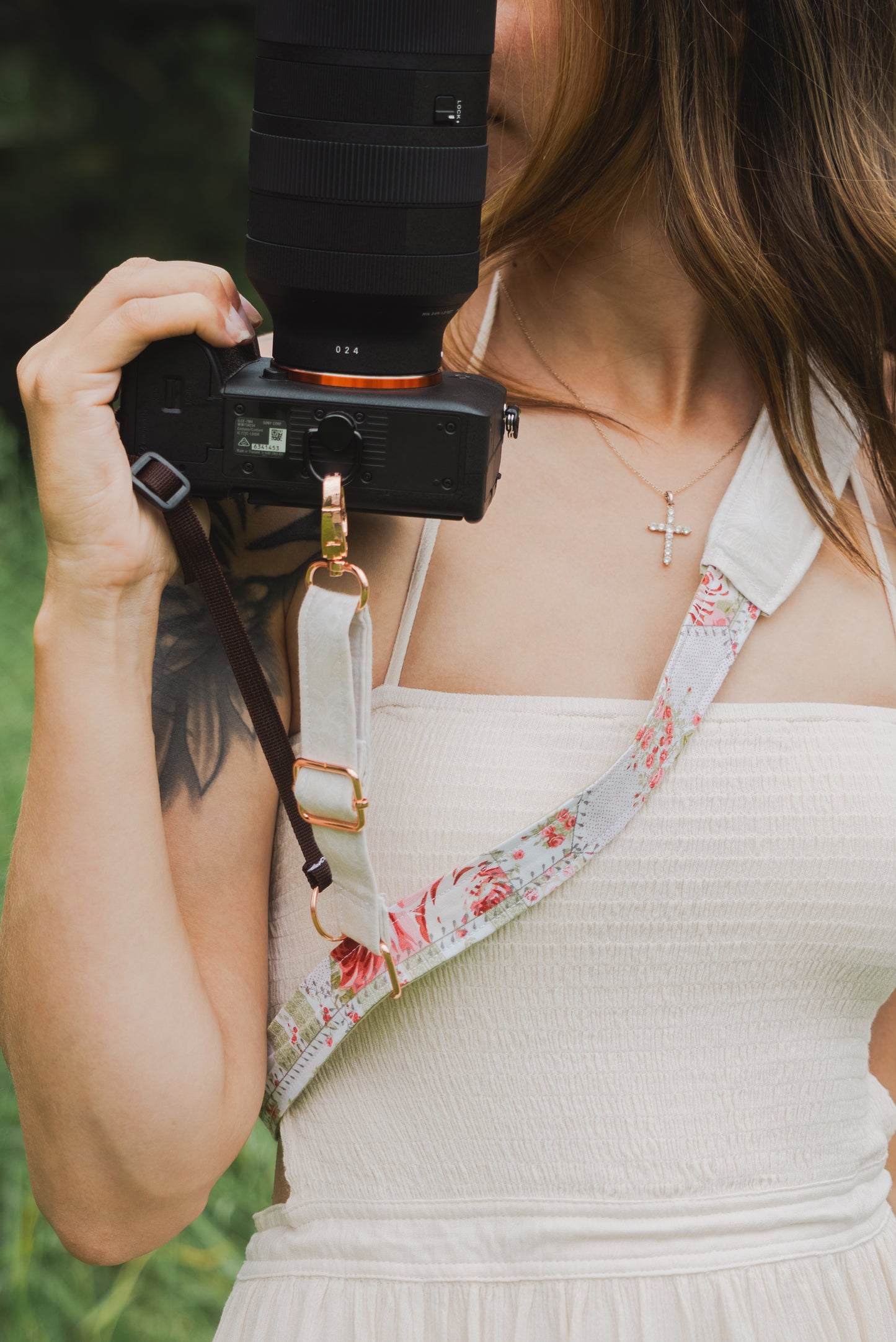 Rose Patchwork Adjustable Sliding Camera Strap with Dual Clasp | Single Camera Harness | Screw In Attachment