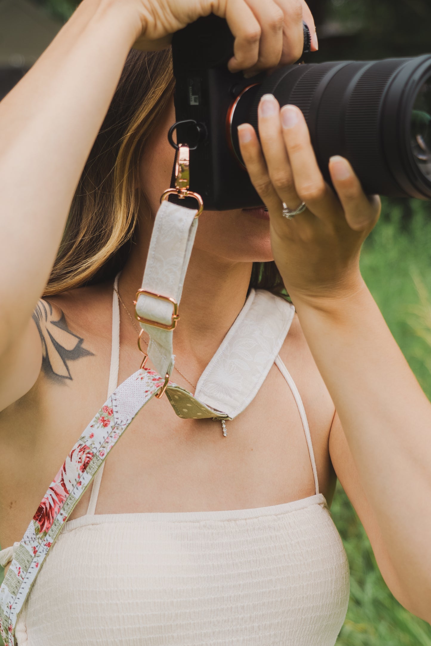 Rose Patchwork Adjustable Sliding Camera Strap with Dual Clasp | Single Camera Harness | Screw In Attachment