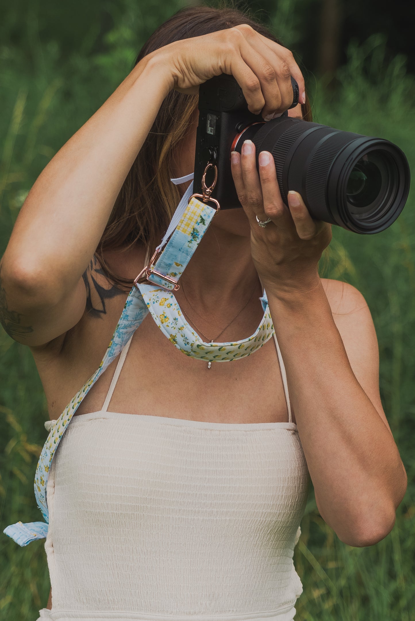 Yellow Patchwork Adjustable Sliding Camera Strap with Dual Clasp | Single Camera Harness | Screw In Attachment
