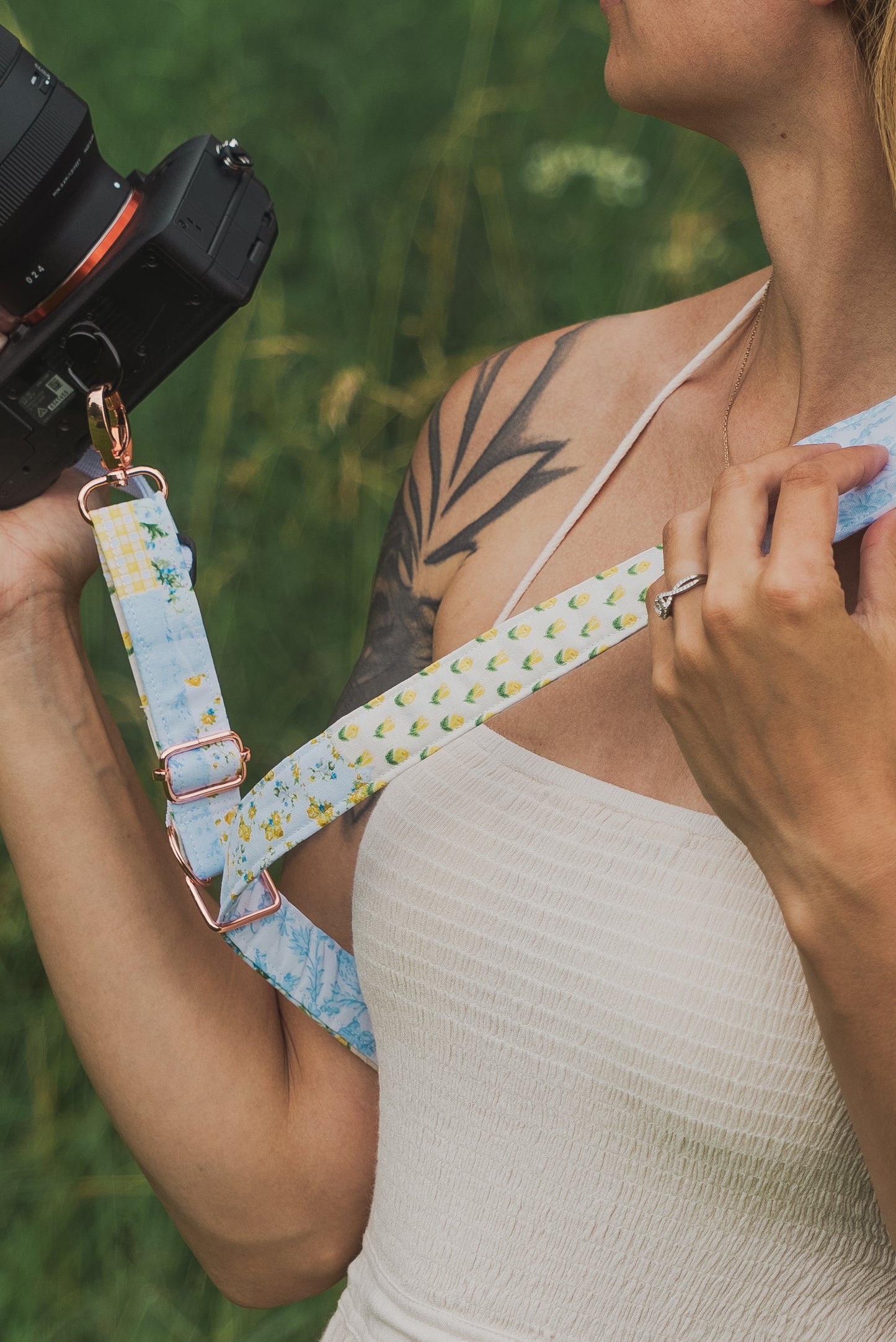 Yellow Patchwork Adjustable Sliding Camera Strap with Dual Clasp | Single Camera Harness | Screw In Attachment