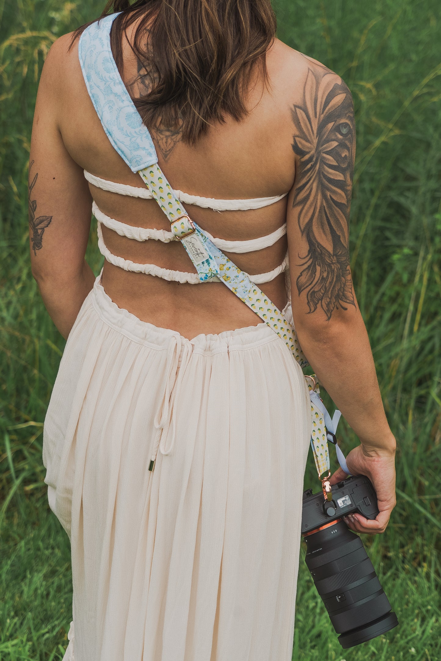Yellow Patchwork Adjustable Sliding Camera Strap with Dual Clasp | Single Camera Harness | Screw In Attachment