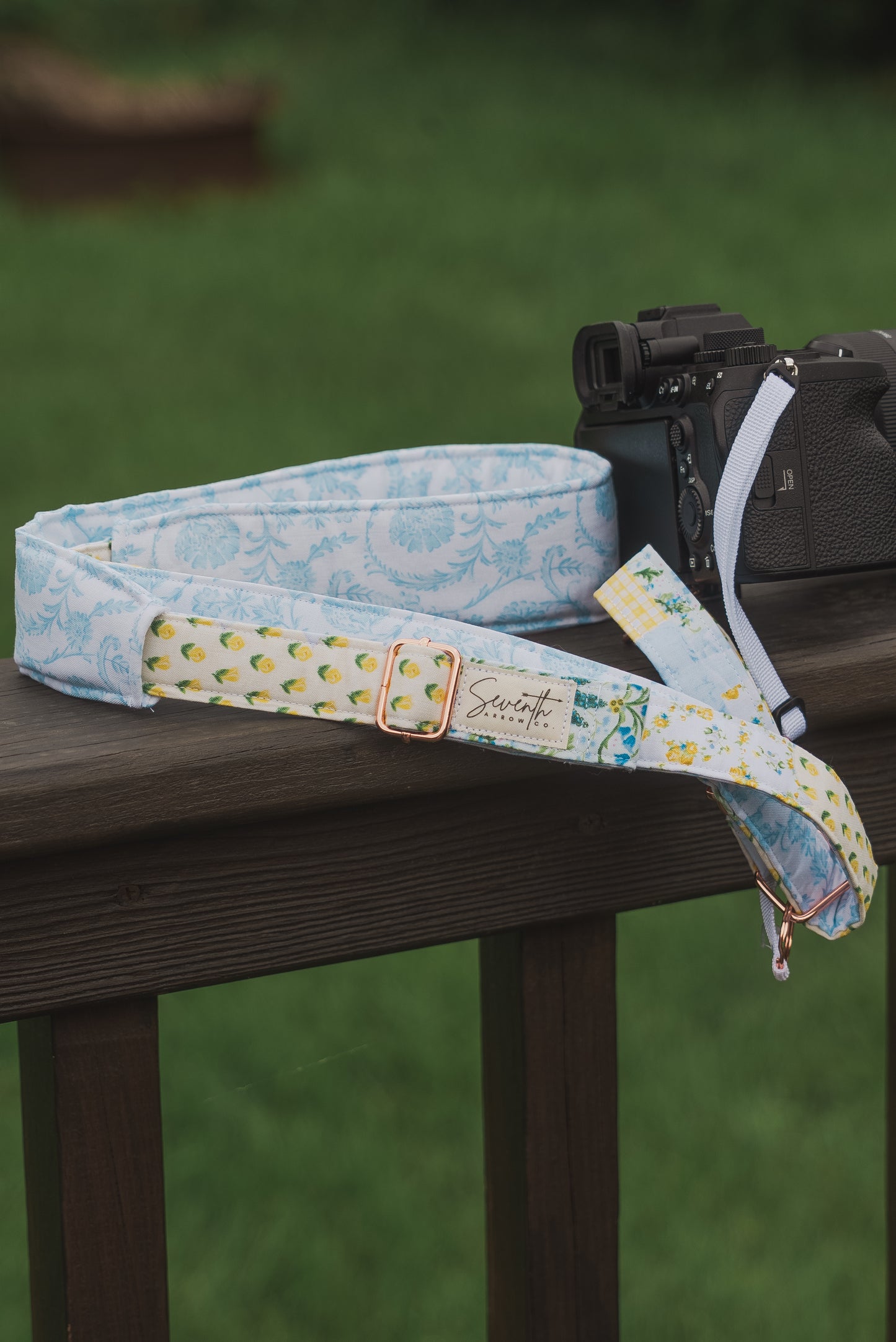 Yellow Patchwork Adjustable Sliding Camera Strap with Dual Clasp | Single Camera Harness | Screw In Attachment