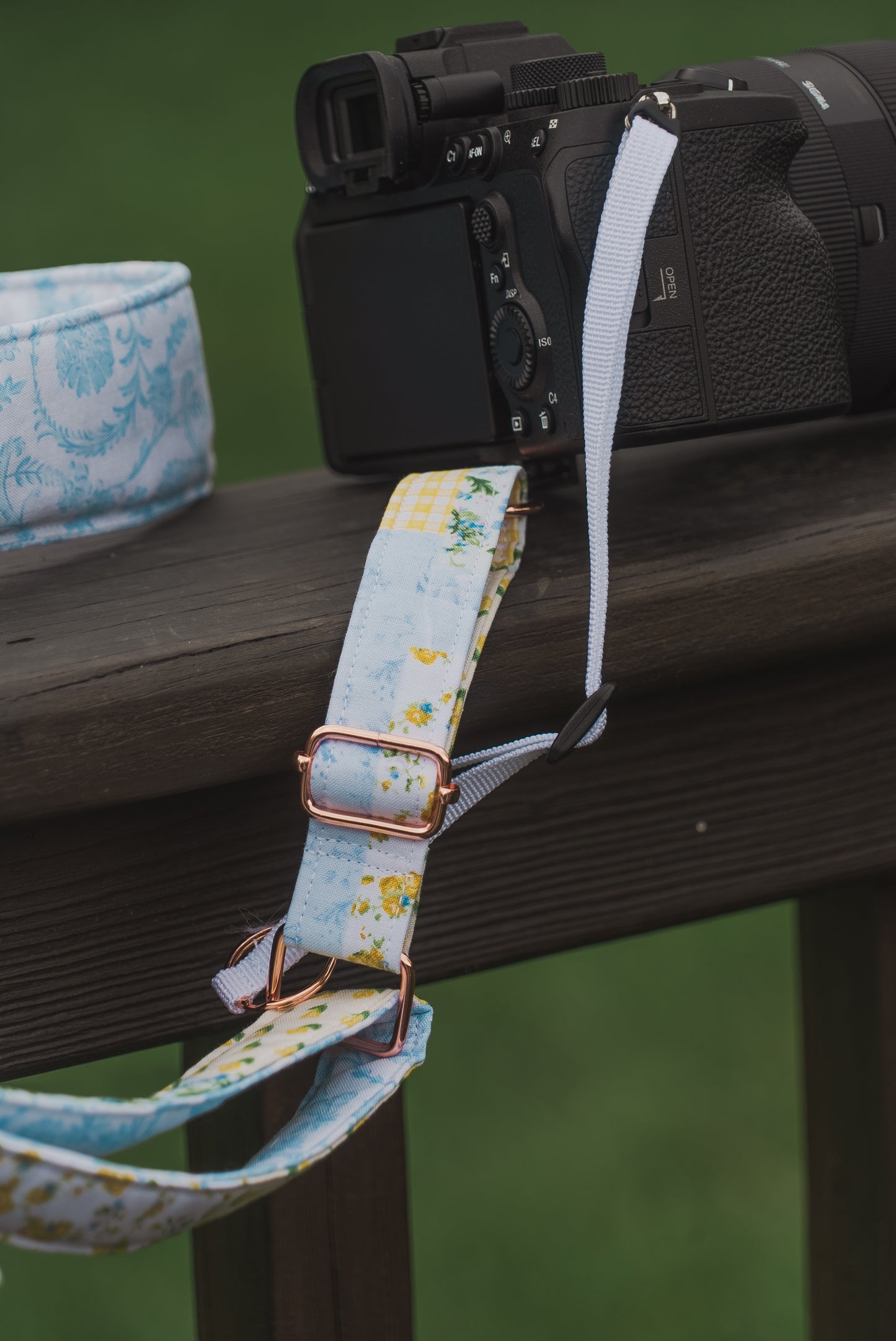 Yellow Patchwork Adjustable Sliding Camera Strap with Dual Clasp | Single Camera Harness | Screw In Attachment