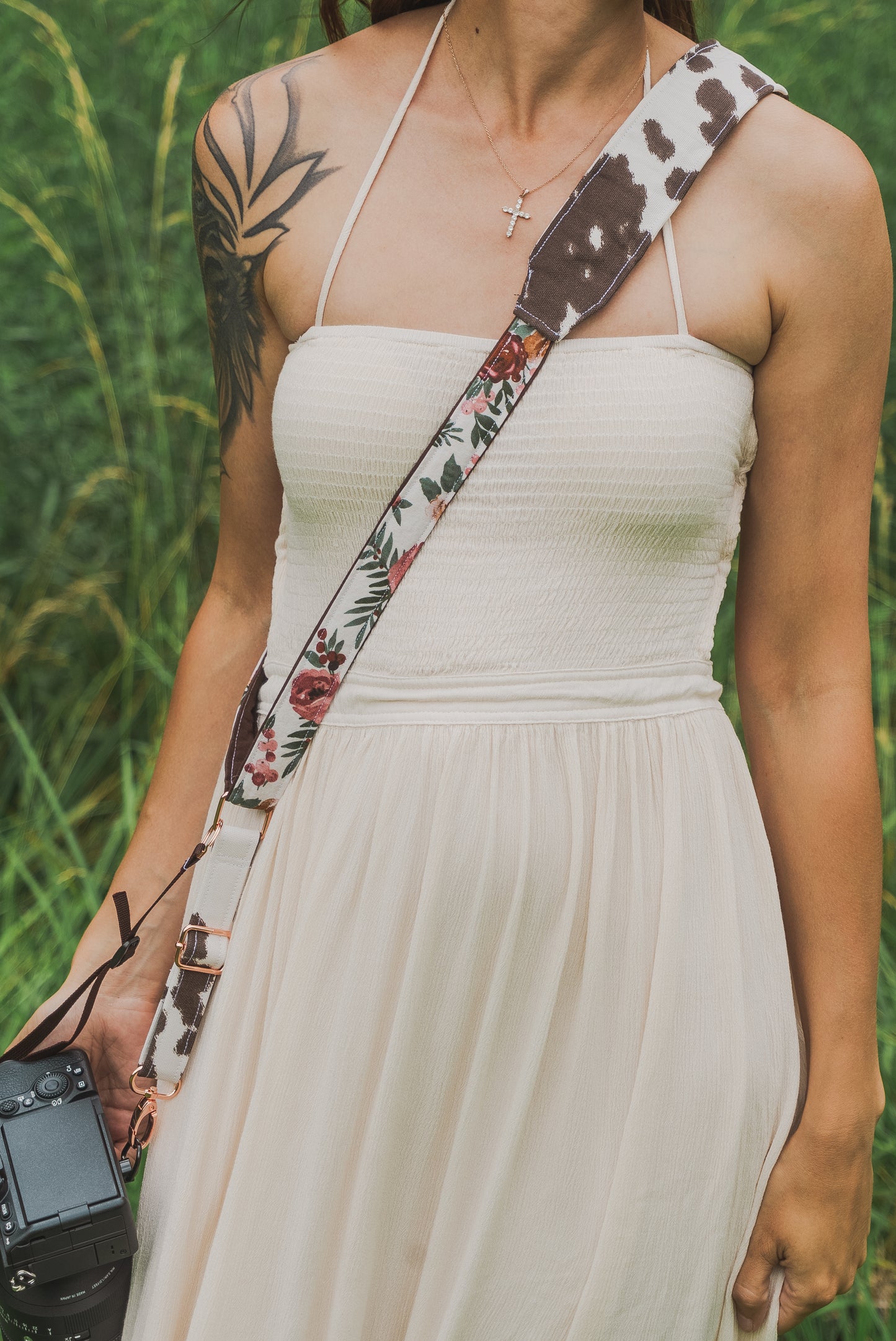 Cowprint Floral Adjustable Sliding Camera Strap with Dual Clasp | Single Camera Harness | Screw In Attachment