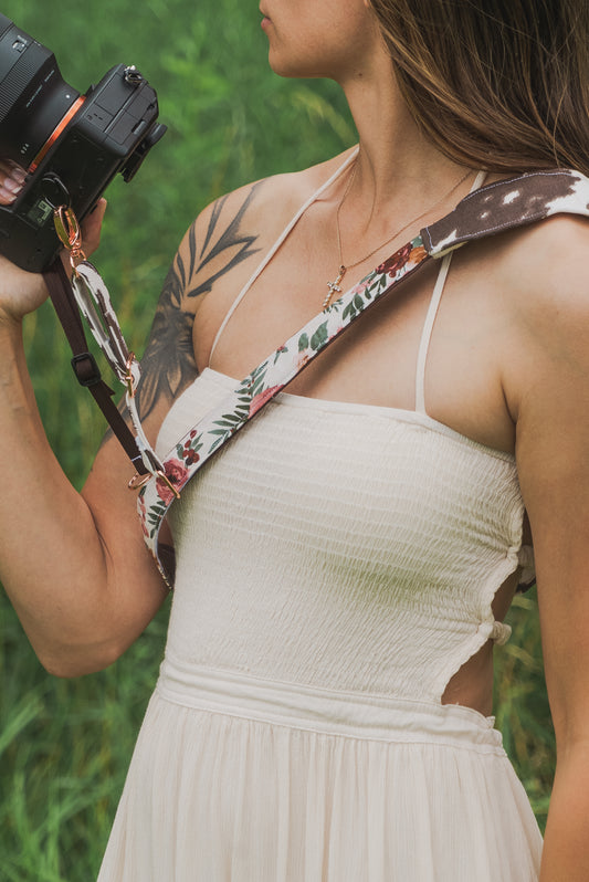 Cowprint Floral Adjustable Sliding Camera Strap with Dual Clasp | Single Camera Harness | Screw In Attachment