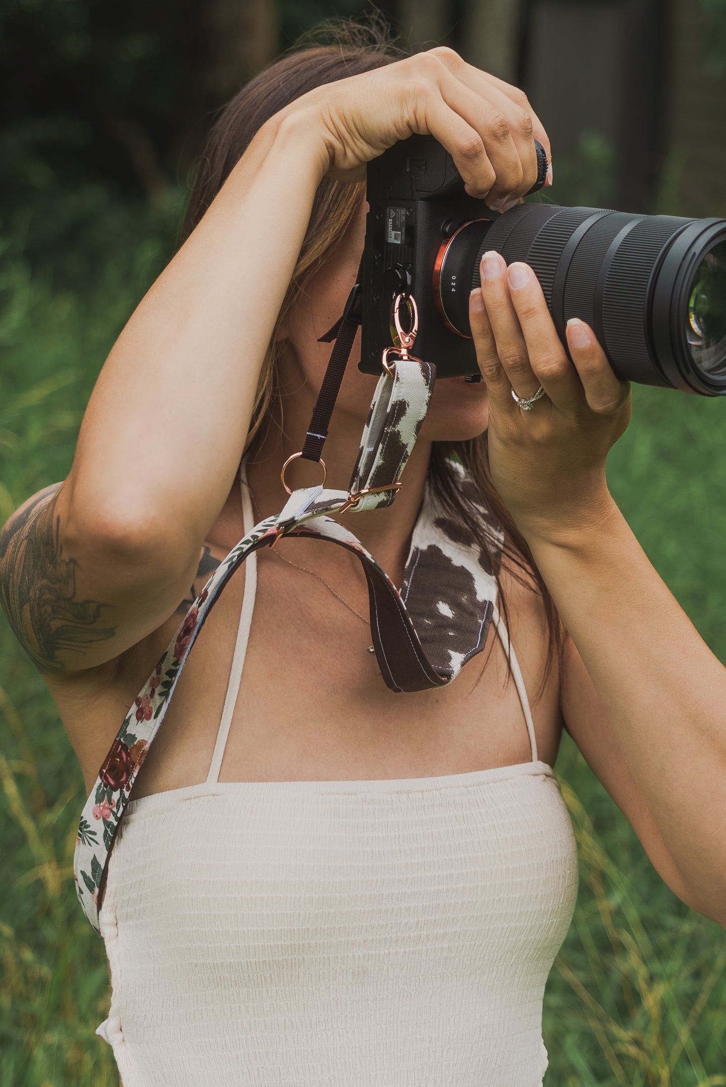 Cowprint Floral Adjustable Sliding Camera Strap with Dual Clasp | Single Camera Harness | Screw In Attachment