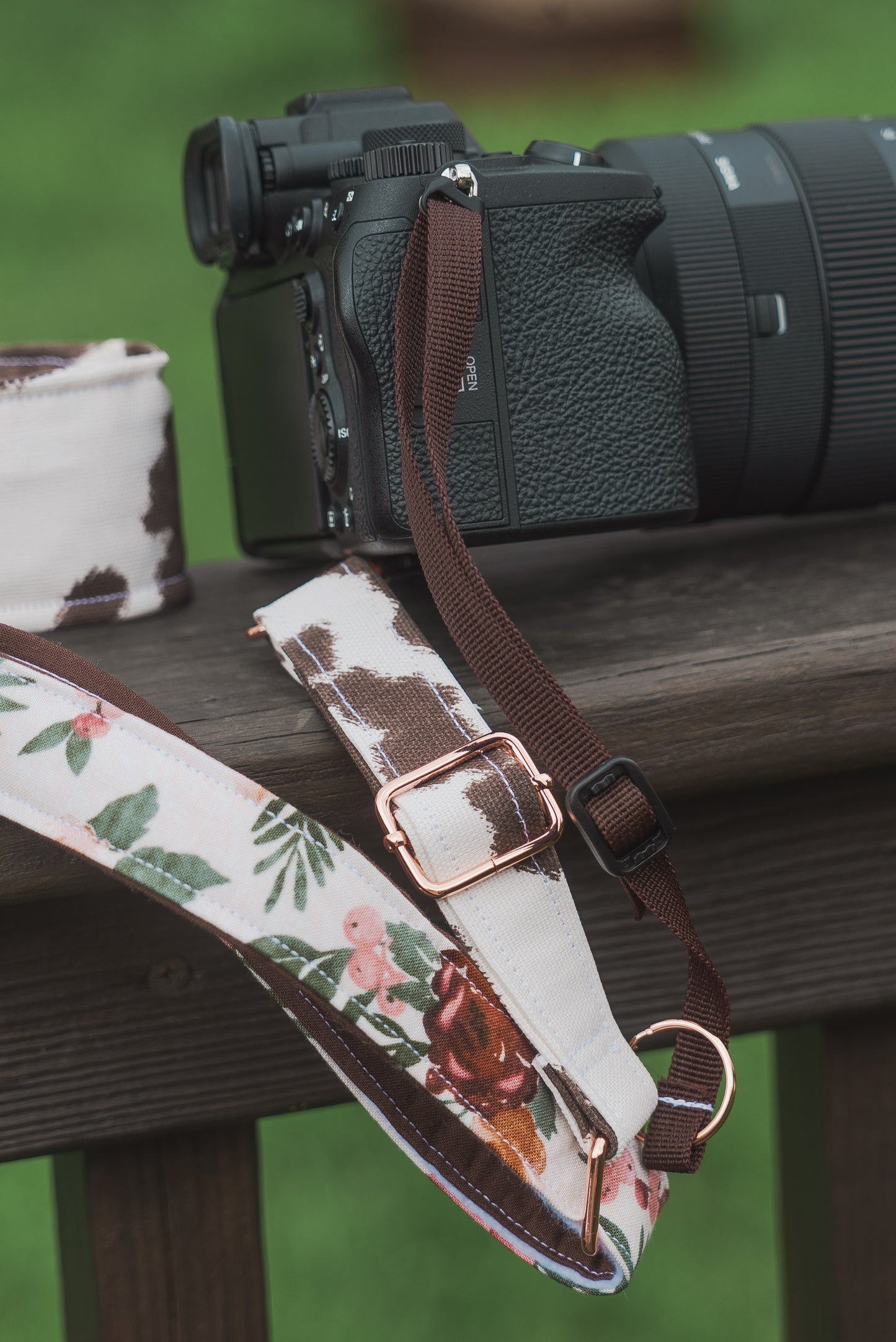 Cowprint Floral Adjustable Sliding Camera Strap with Dual Clasp | Single Camera Harness | Screw In Attachment
