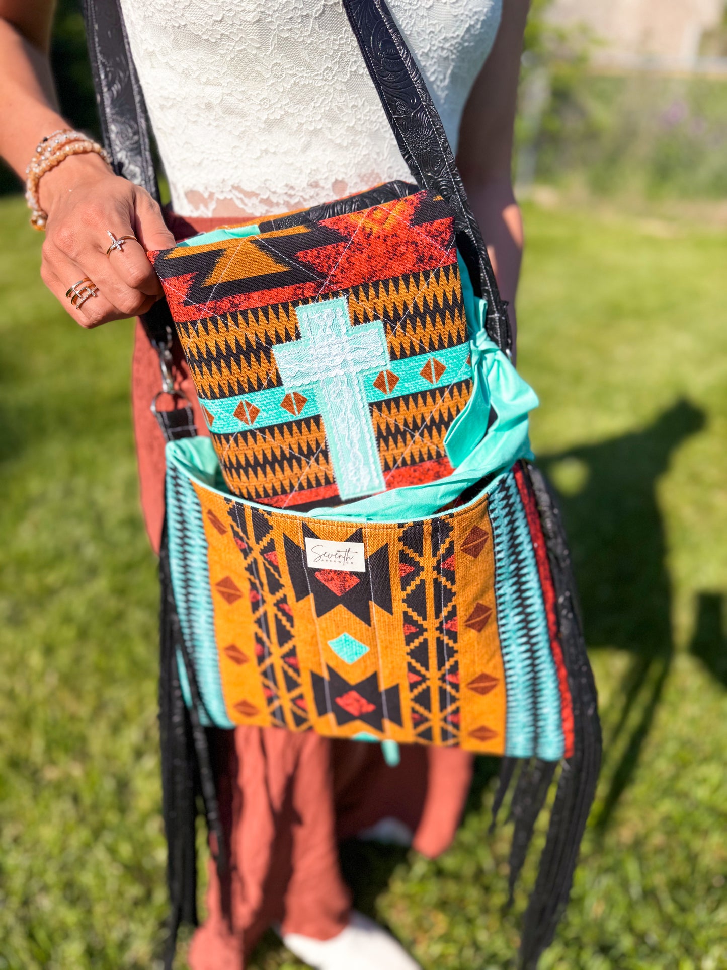 The Savannah Bible Cover & Church Bag Duo | Aztec Print & Turquoise | Faux Leather Accents