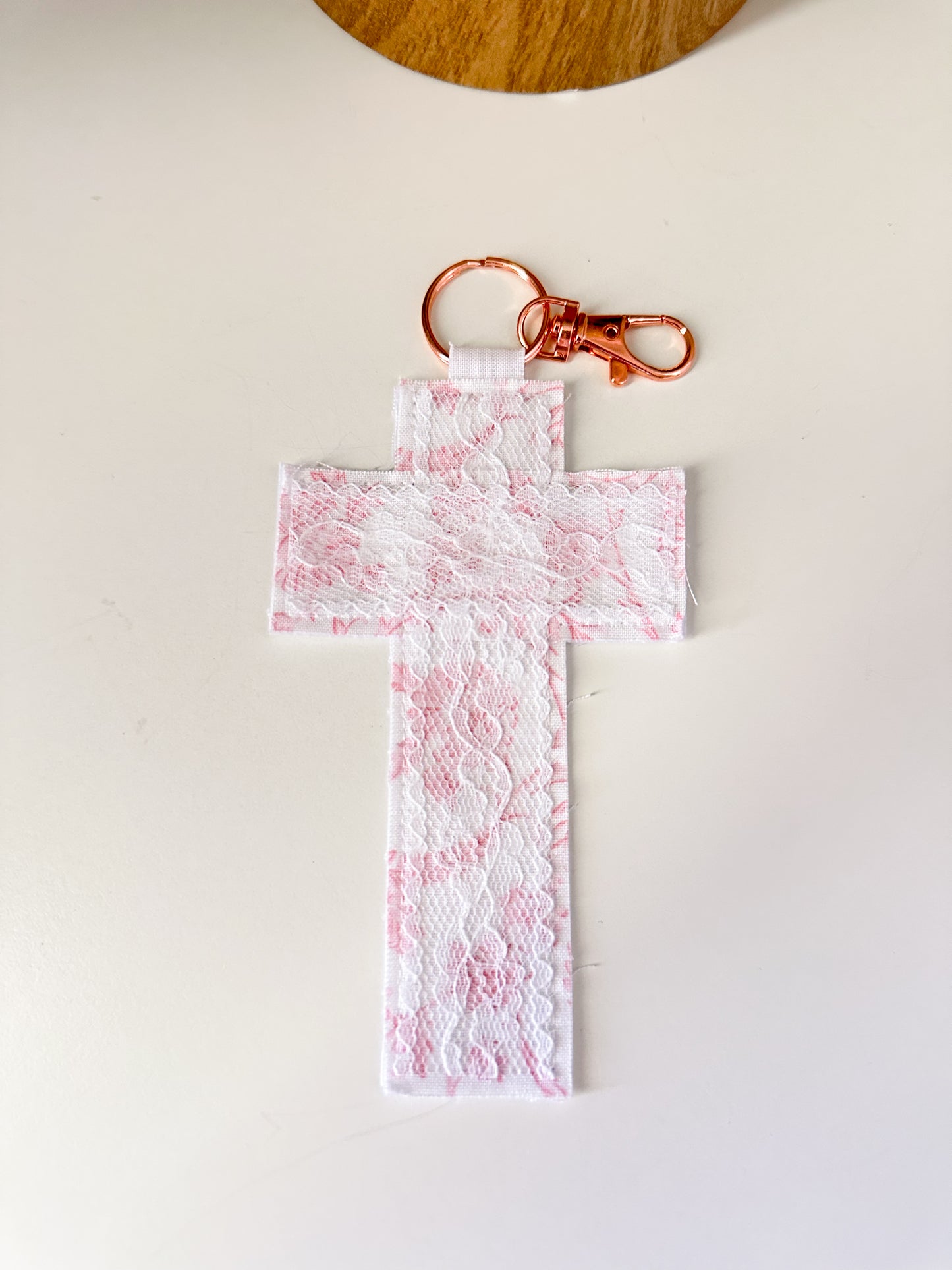 Cross Fabric Lace Bag Charm Keychain | Rose Gold Clasp