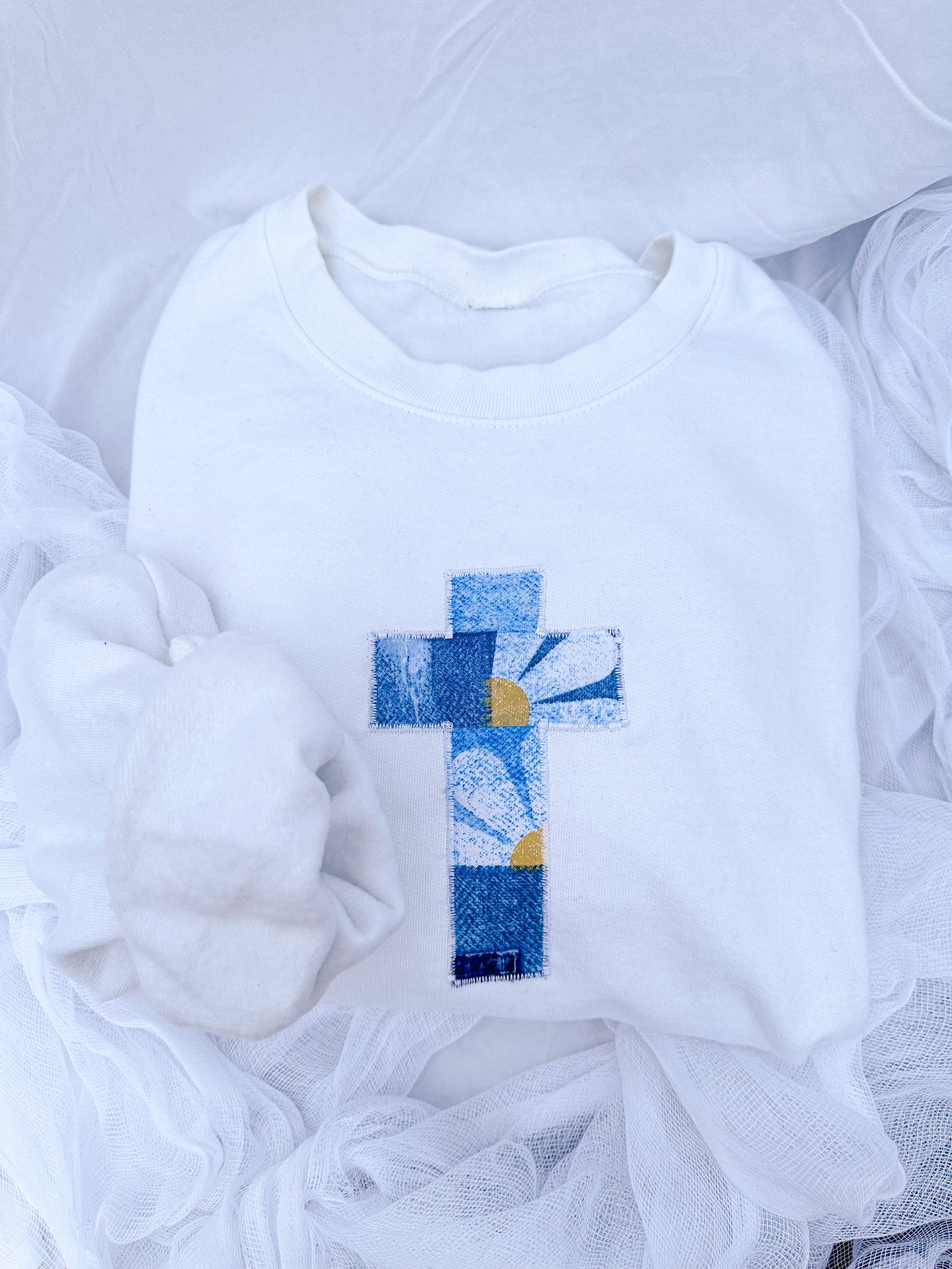 Denim Dreams Embroidered Cross Sweatshirt