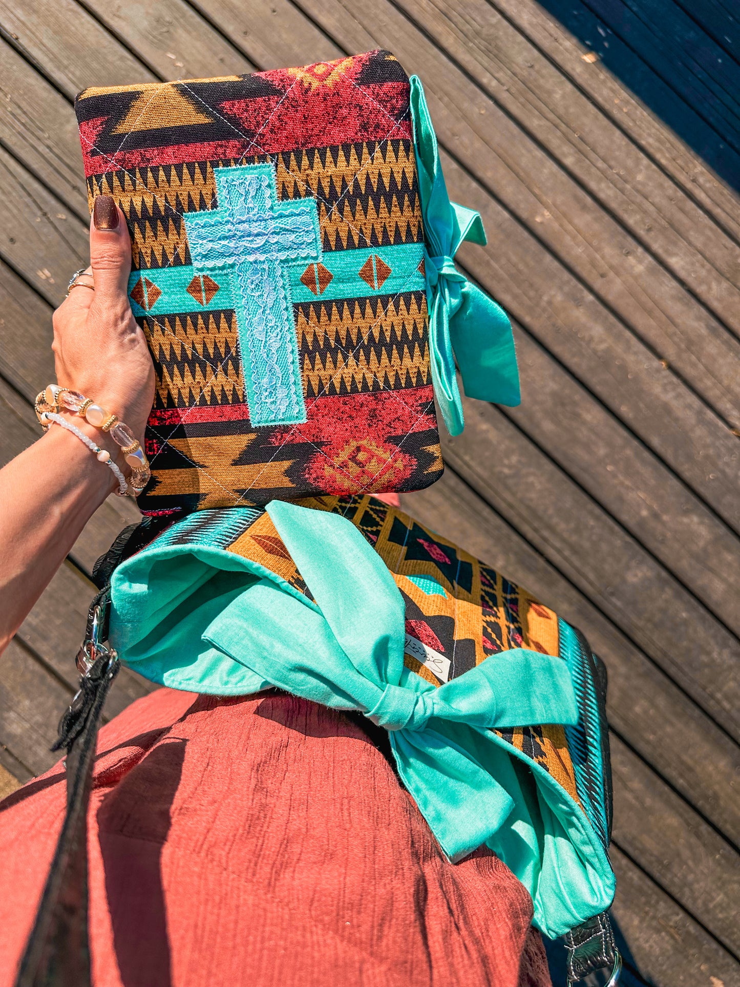 The Savannah Bible Cover & Church Bag Duo | Aztec Print & Turquoise | Faux Leather Accents