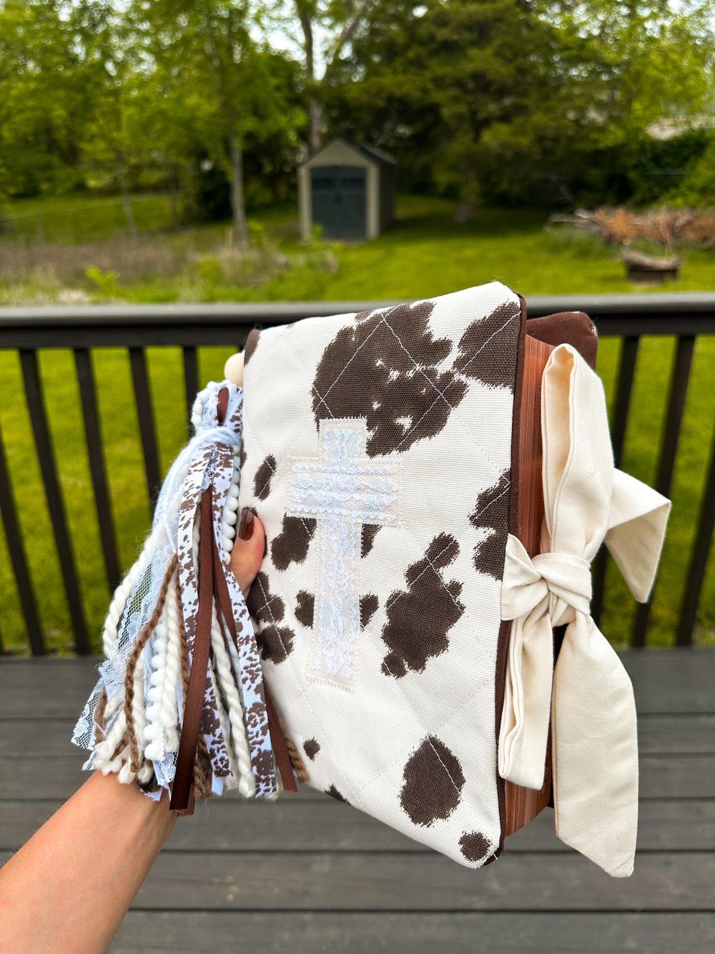 The Dianna Cow Print Western Bible Tassel Bookmark | Fluffy Yarn, Lace, Pearls, Brown Accents