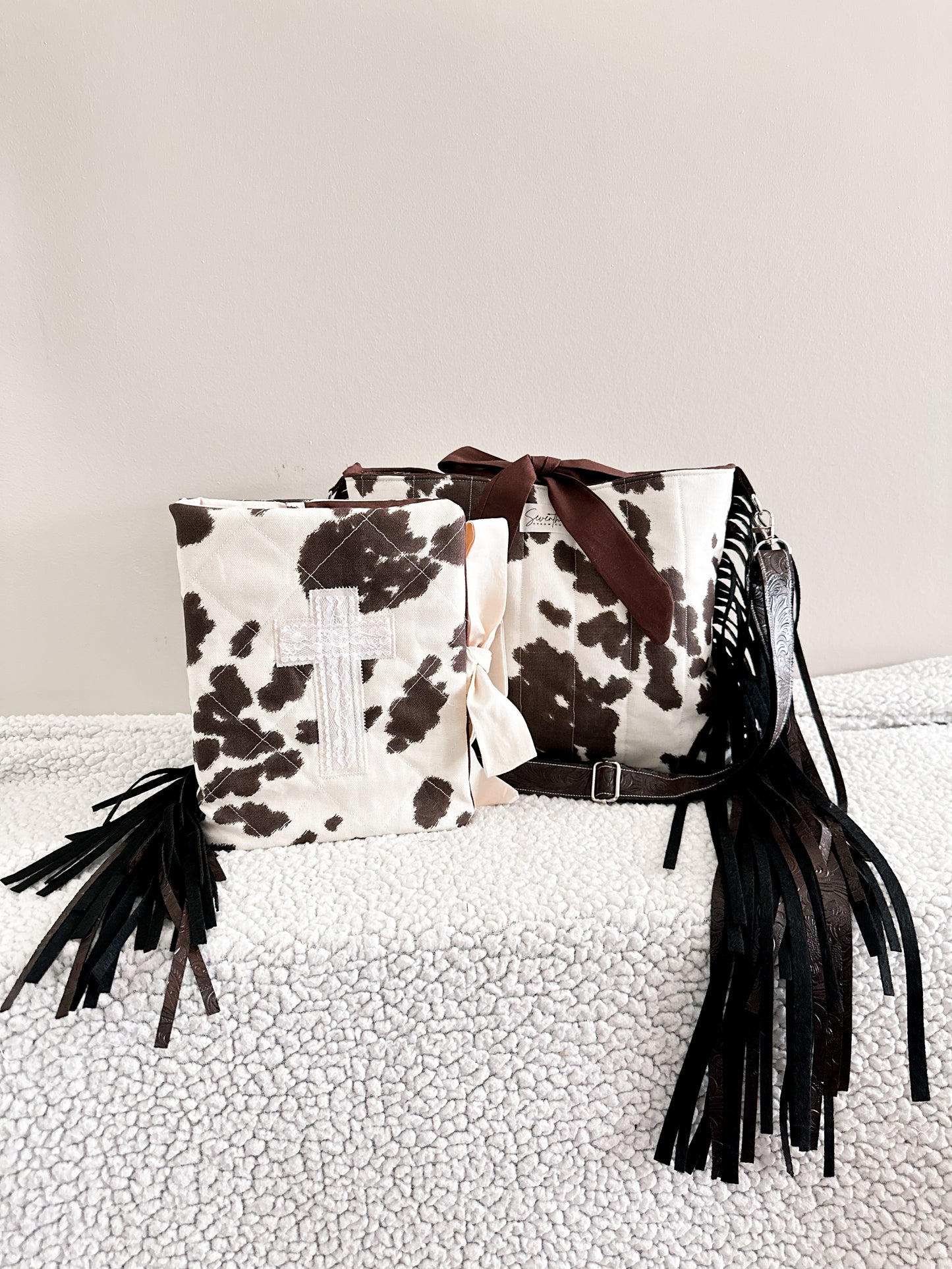 The Dianna Bible Cover & Church Bag Duo | Cow Print & Brown | Faux Leather Accents