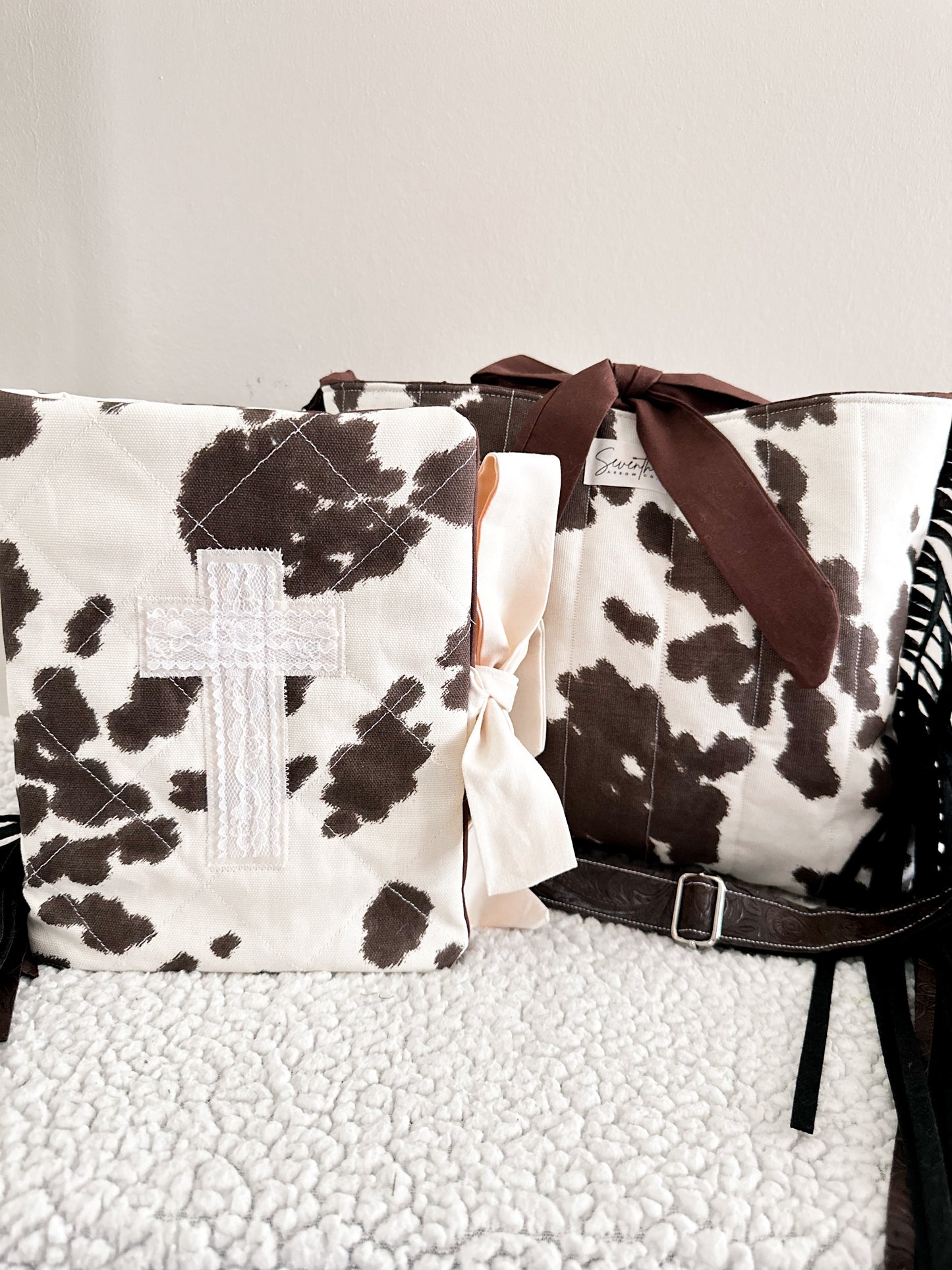 The Dianna Bible Cover & Church Bag Duo | Cow Print & Brown | Faux Leather Accents