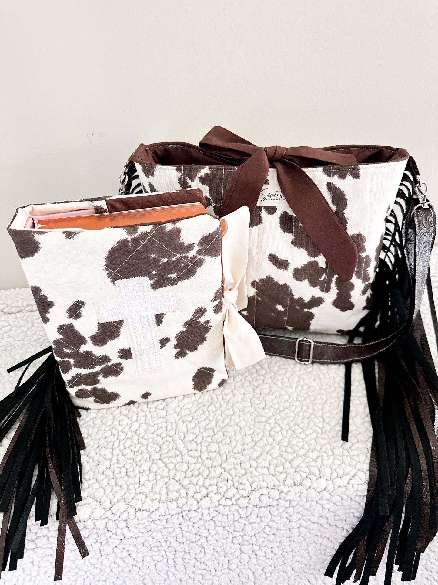 The Dianna Bible Cover & Church Bag Duo | Cow Print & Brown | Faux Leather Accents