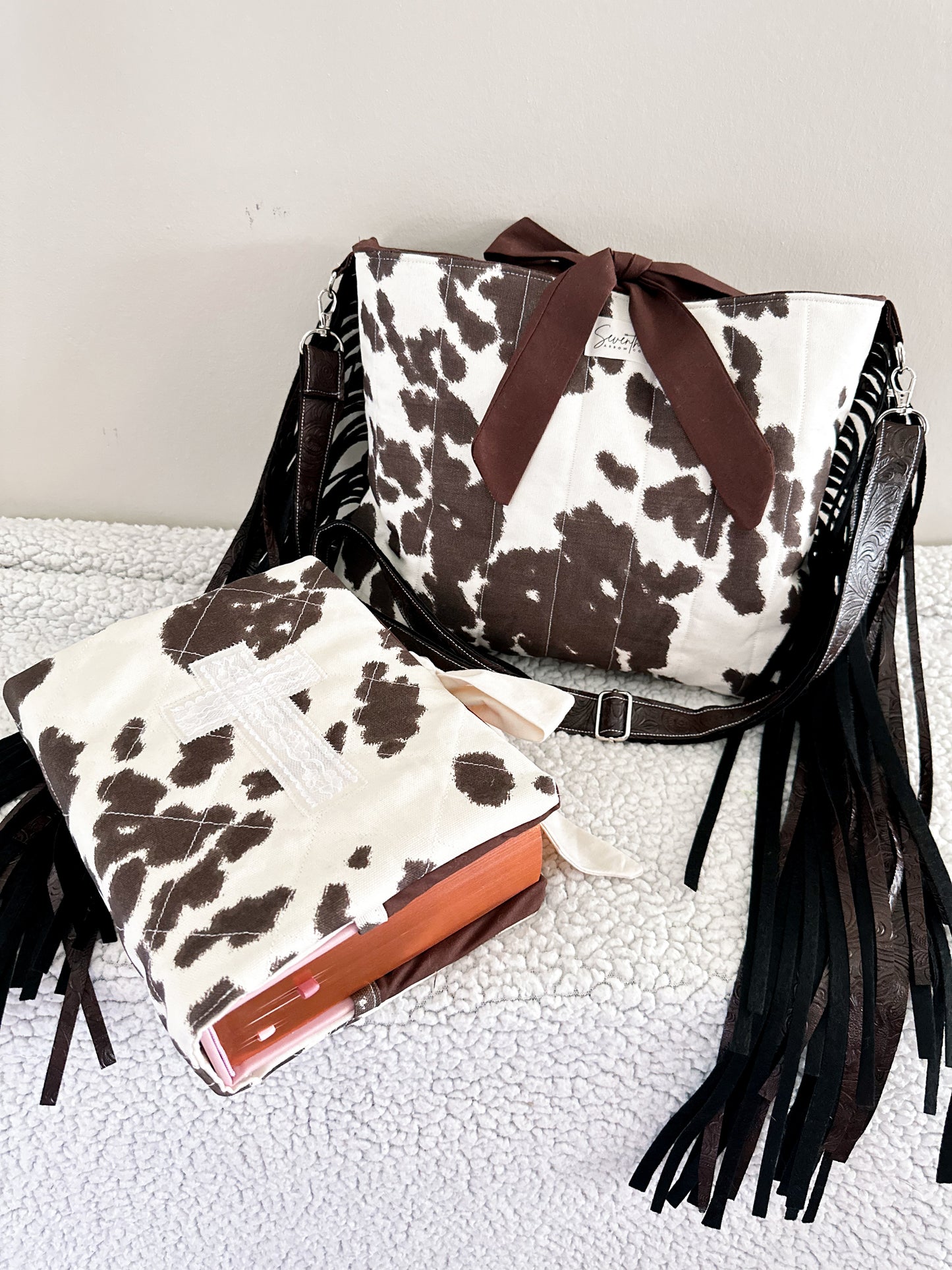 The Dianna Bible Cover & Church Bag Duo | Cow Print & Brown | Faux Leather Accents