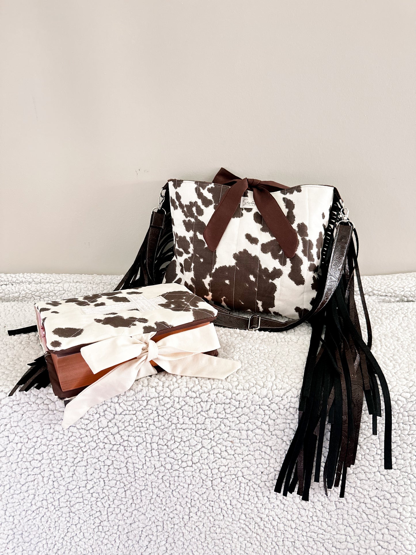 The Dianna Bible Cover & Church Bag Duo | Cow Print & Brown | Faux Leather Accents