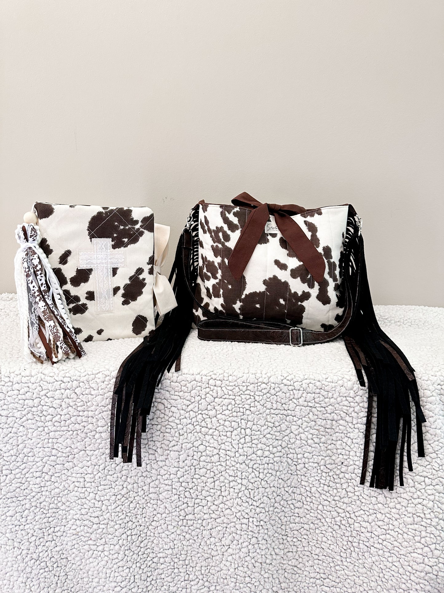 The Dianna Bible Cover & Church Bag Duo | Cow Print & Brown | Faux Leather Accents