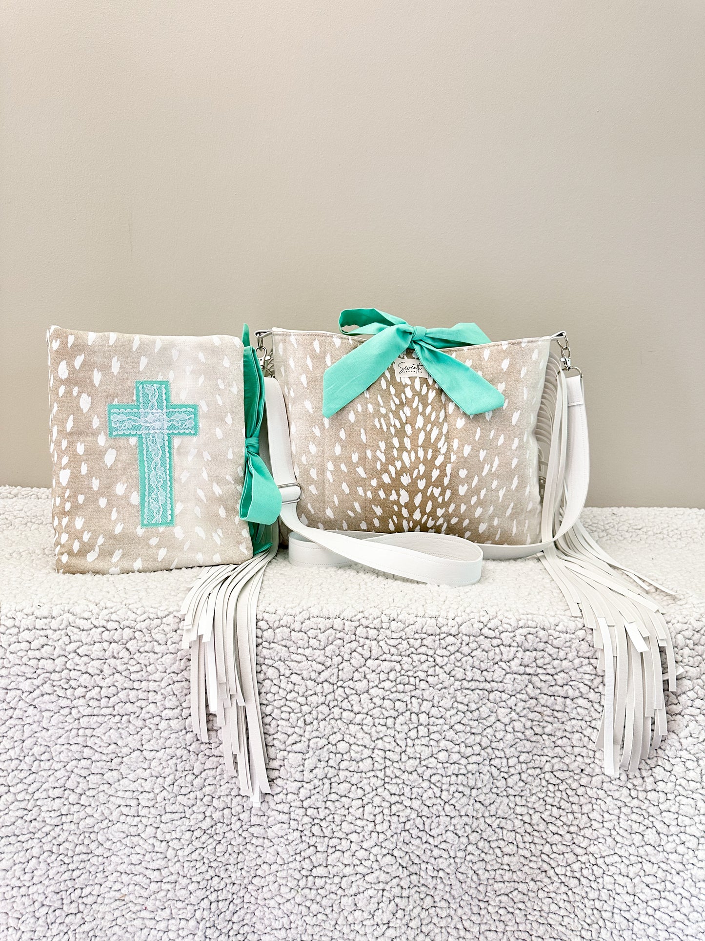 The Shianne Bible Cover & Church Bag Duo | Axis Print & Turquoise | Faux Leather Accents