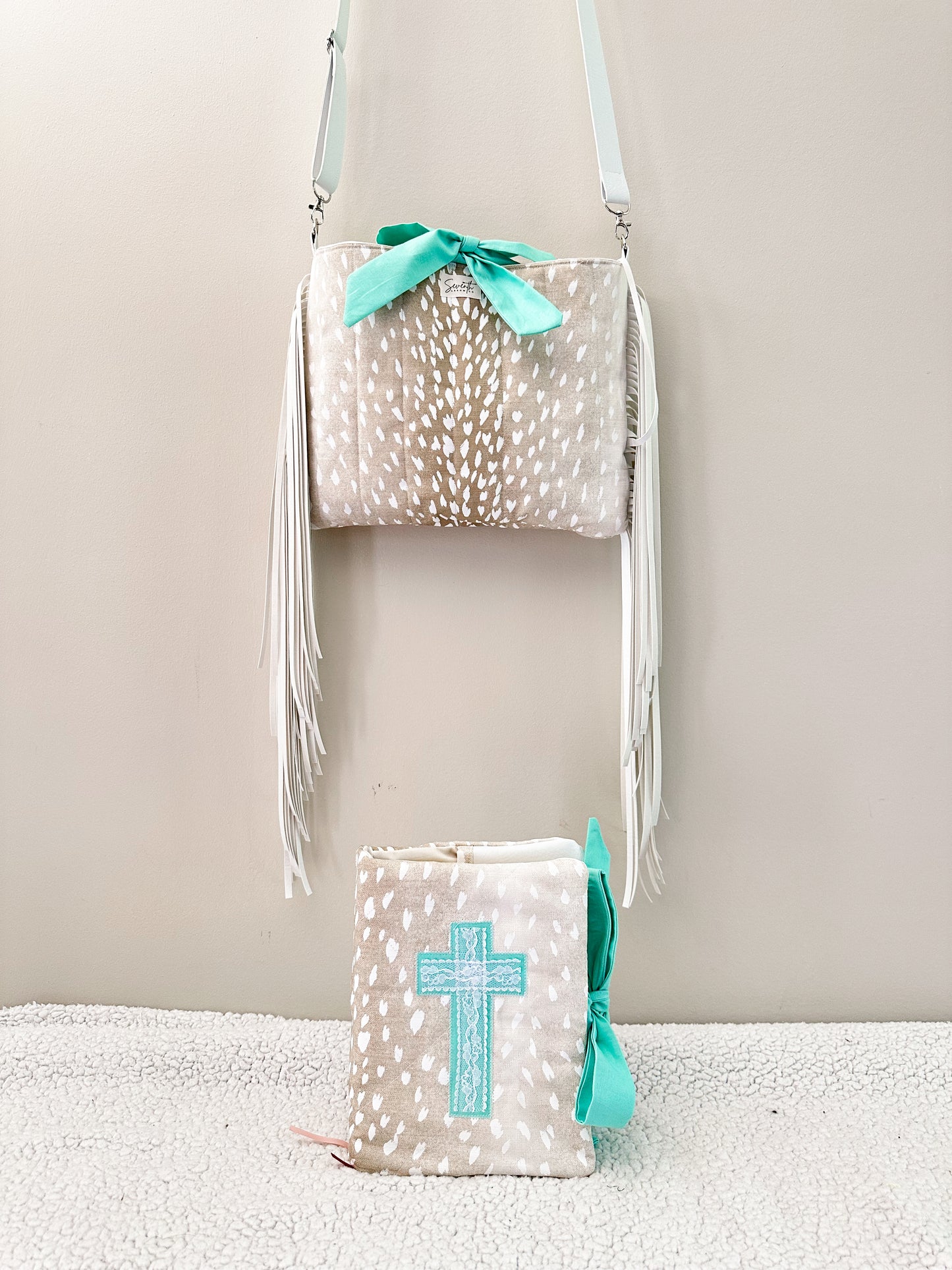 The Shianne Bible Cover & Church Bag Duo | Axis Print & Turquoise | Faux Leather Accents