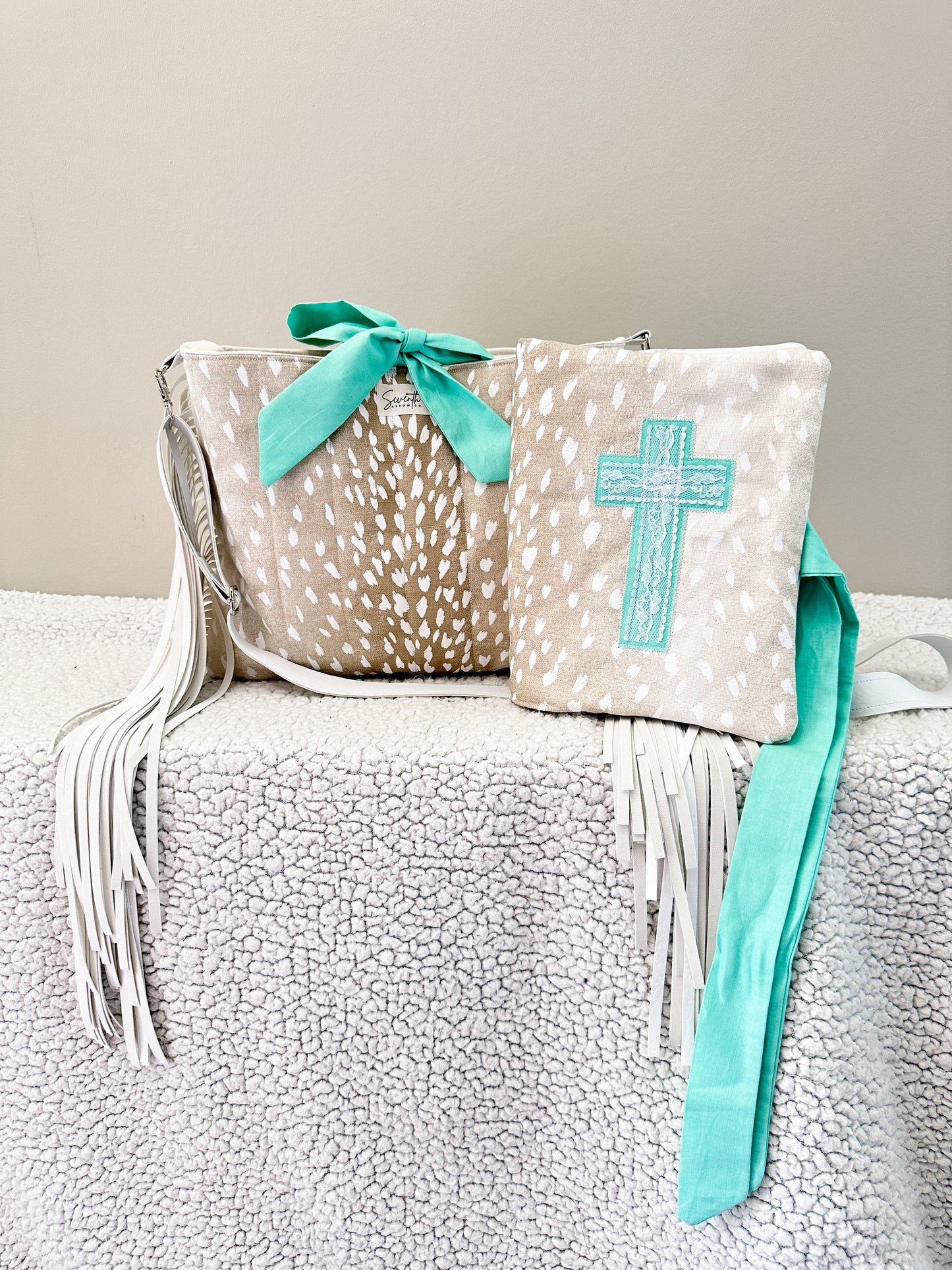 The Shianne Bible Cover & Church Bag Duo | Axis Print & Turquoise | Faux Leather Accents