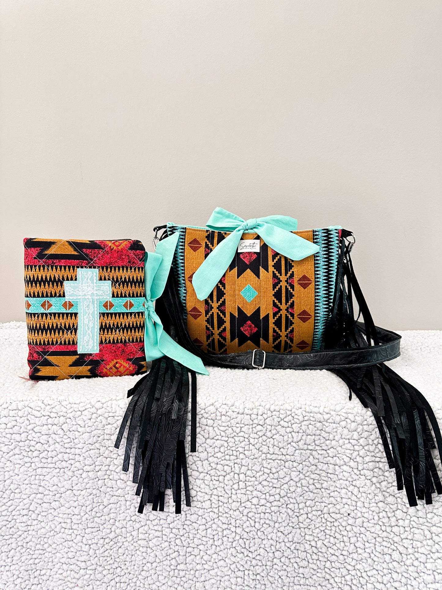 The Savannah Bible Cover & Church Bag Duo | Aztec Print & Turquoise | Faux Leather Accents