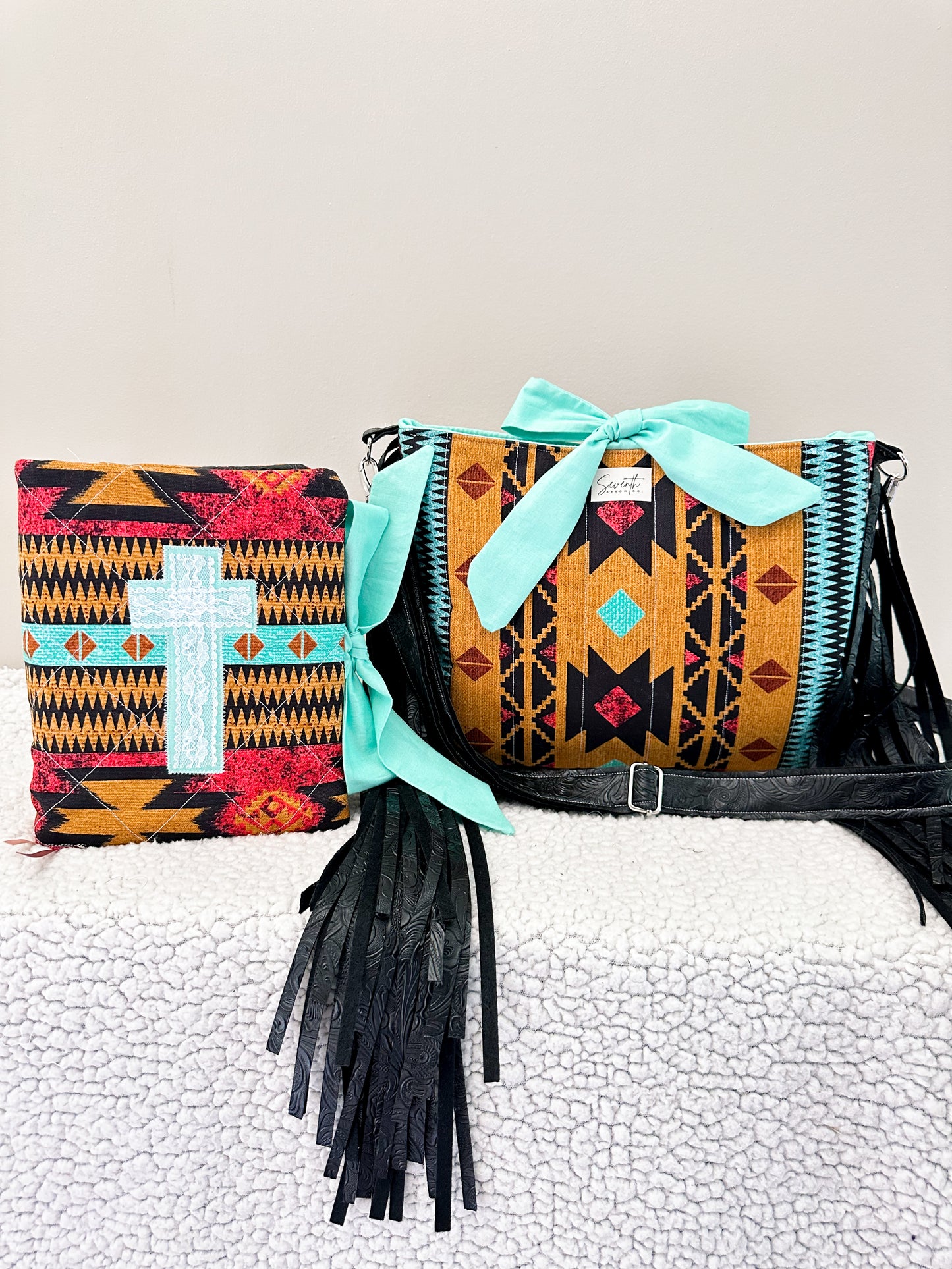 The Savannah Bible Cover & Church Bag Duo | Aztec Print & Turquoise | Faux Leather Accents