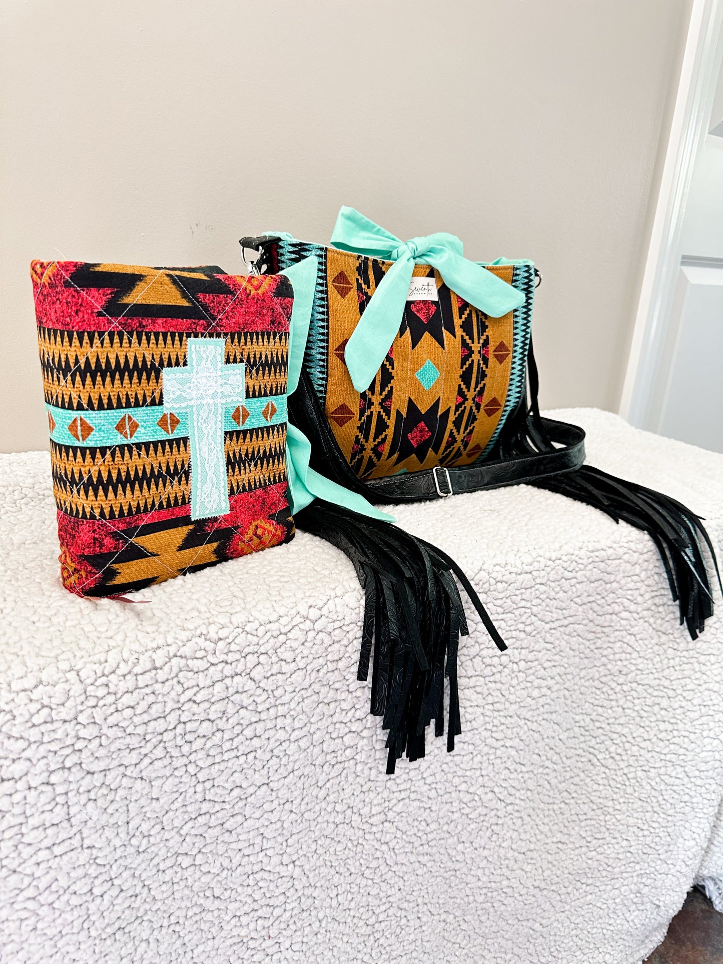 The Savannah Bible Cover & Church Bag Duo | Aztec Print & Turquoise | Faux Leather Accents